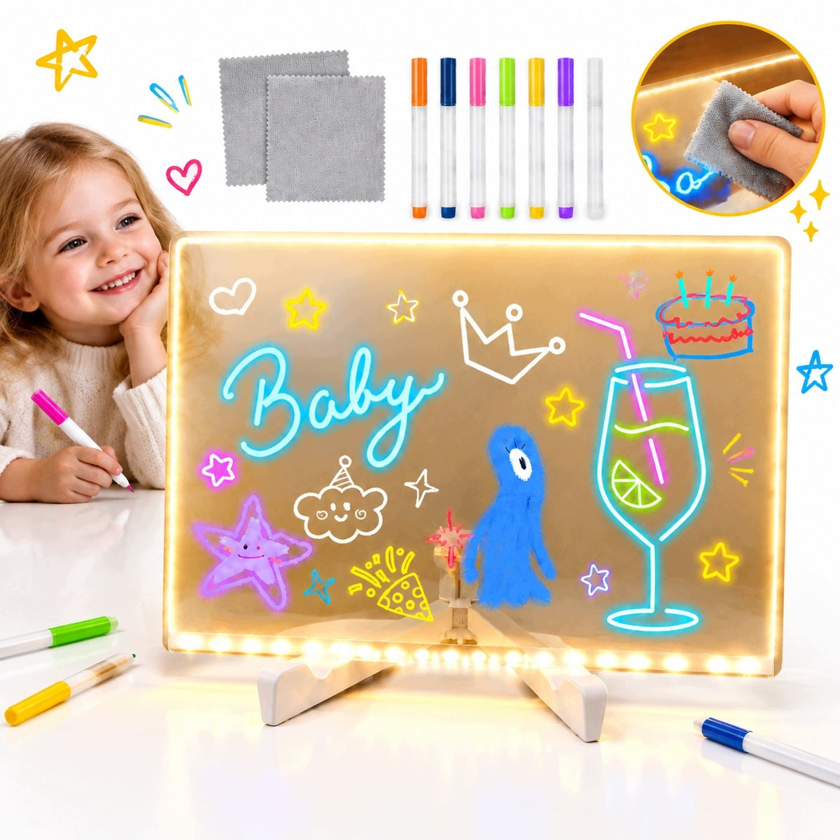 REUSABLE LED NEON DRAWING BOARD 30X20CM CHILDREN