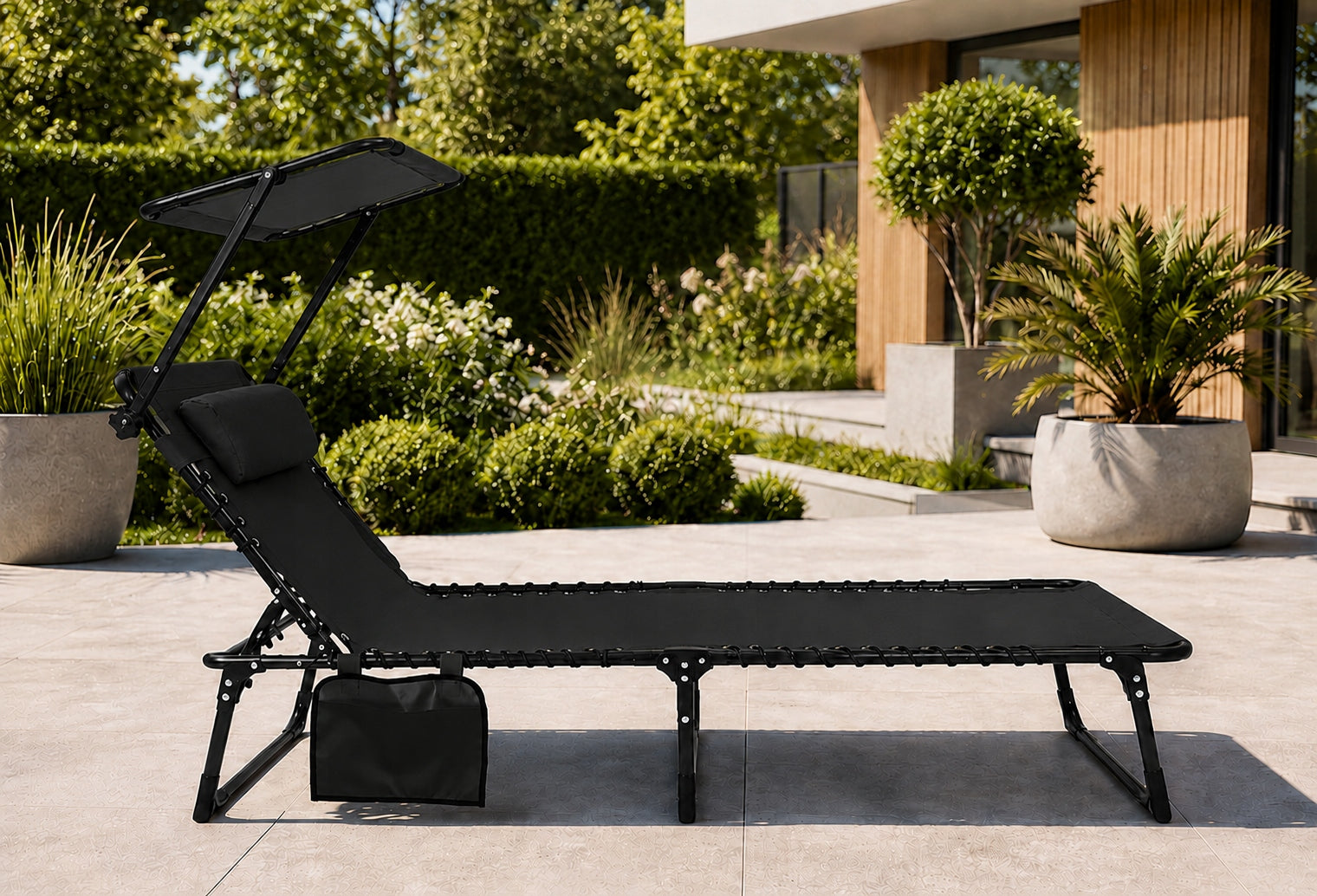 REVA Beach Garden Lounger FOLDING COUCH ADJUSTABLE Bed WITH VISOR Manufacturer code ST-608_REVA_BLACK