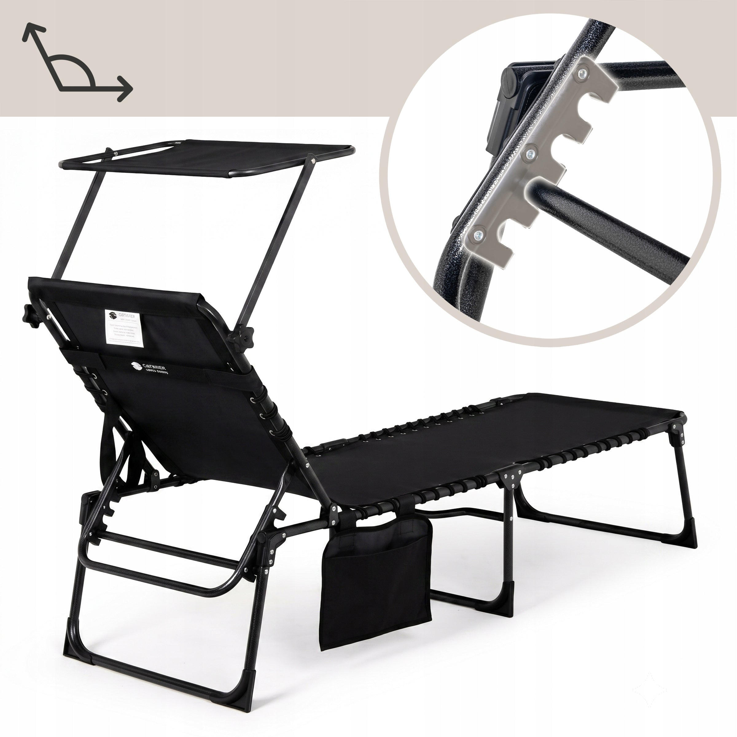 REVA Beach Garden Lounger FOLDING COUCH ADJUSTABLE Bed WITH VISOR Model REVA_BLACK
