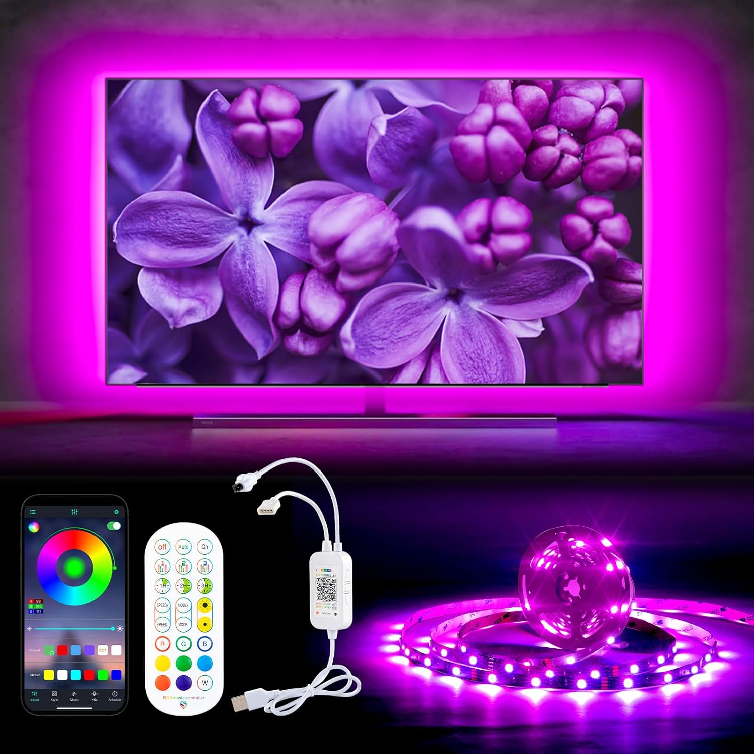 RGB LED strip light strip 5m for TV 65 to 85 inches with app and remote control EAN (GTIN) 5906952149697