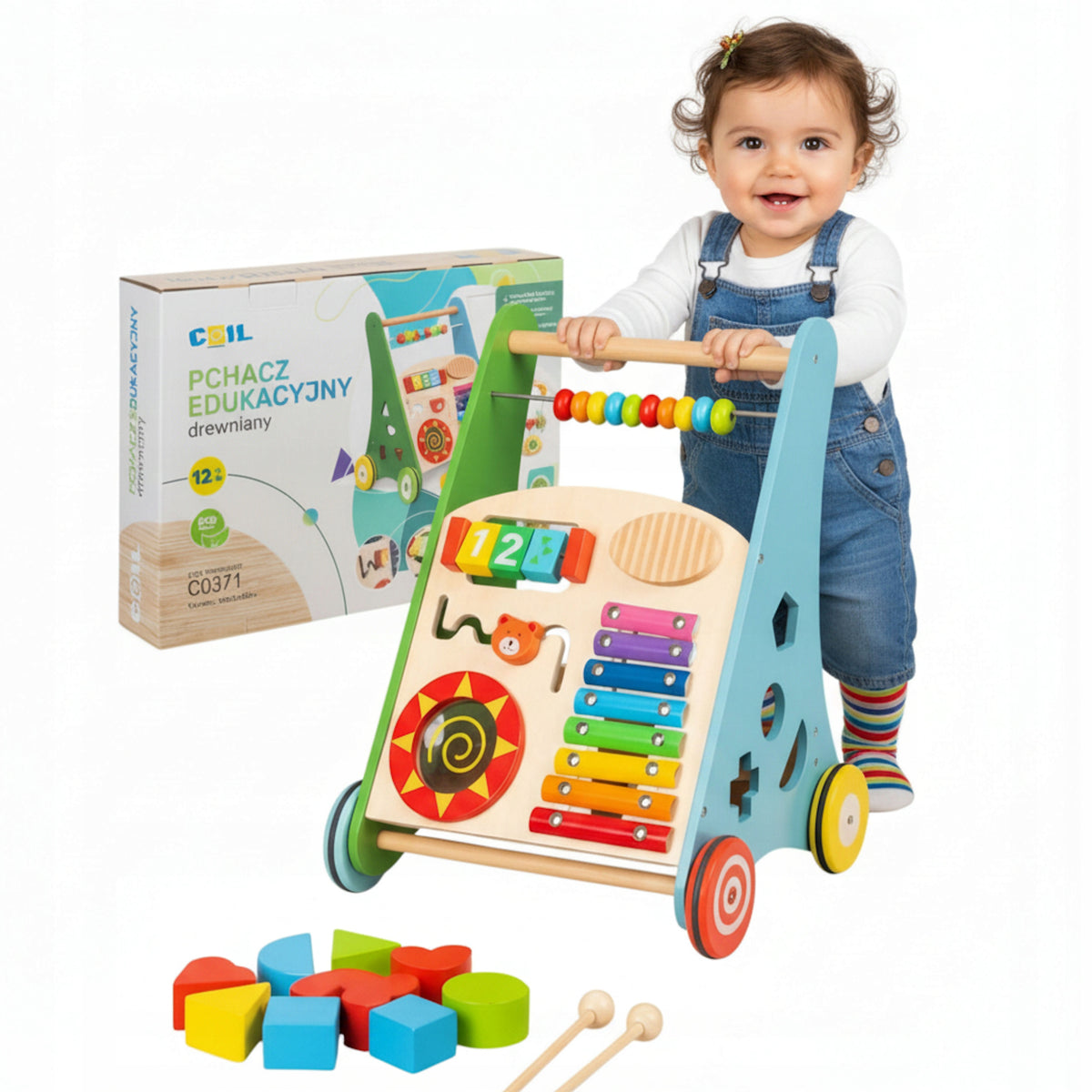 RIDE-ON WALKER PUSHER FOR CHILDREN EDUCATIONAL 2IN1 WOODEN COIL COLOR