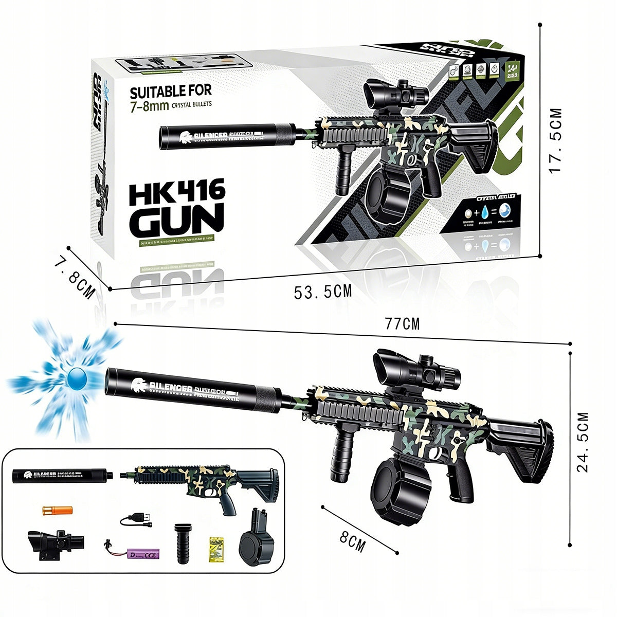 RIFLE AUTOMATIC GUN FOR WATER GEL BALLS ELECTRIC LARGE SET Packaging status original