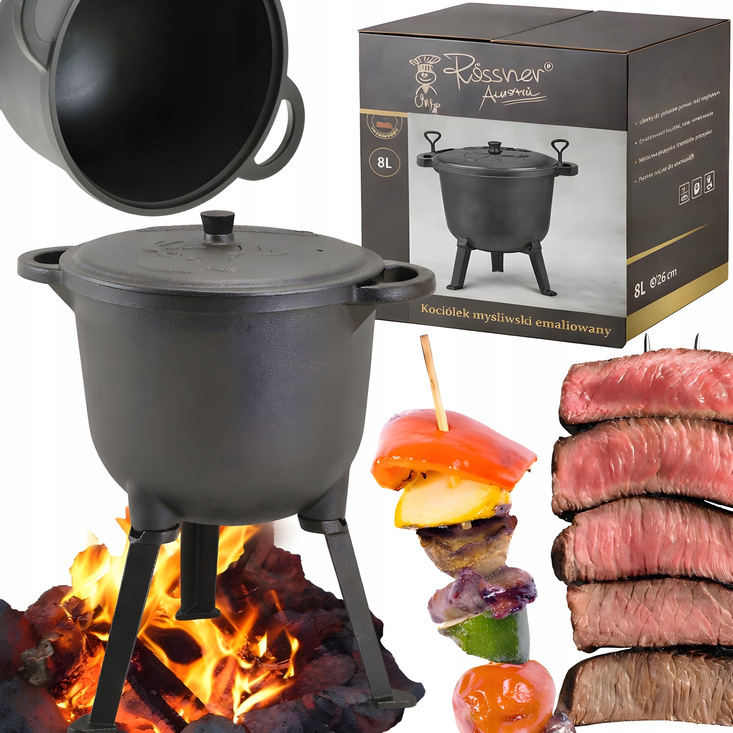 ROSSNER HUNTING CAULDRON 8 L ENAMEL CAST IRON POT FOR ENAMEL FIREPLACE