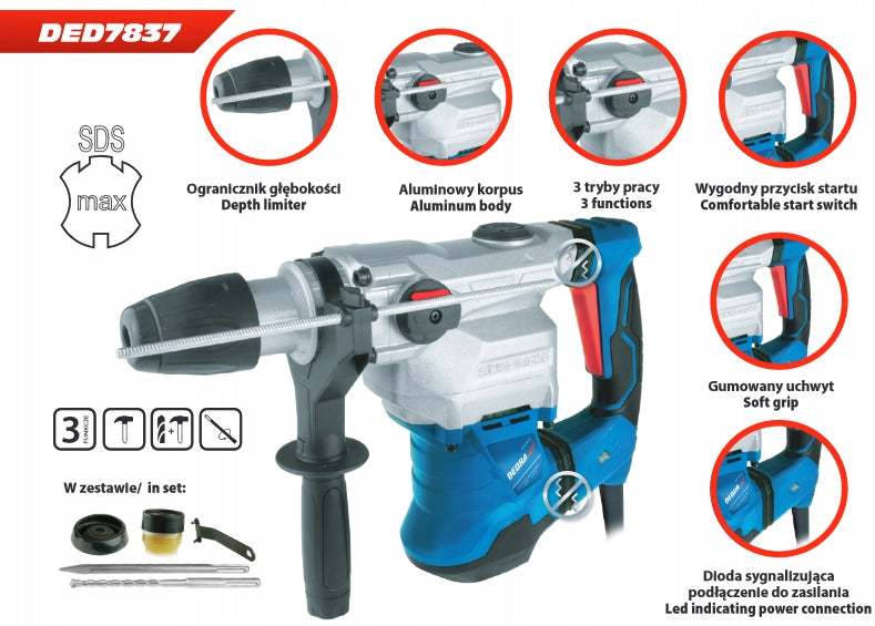 ROTARY HAMMER SDS MAX 1500W DED7837 DEDRA Batteries included no