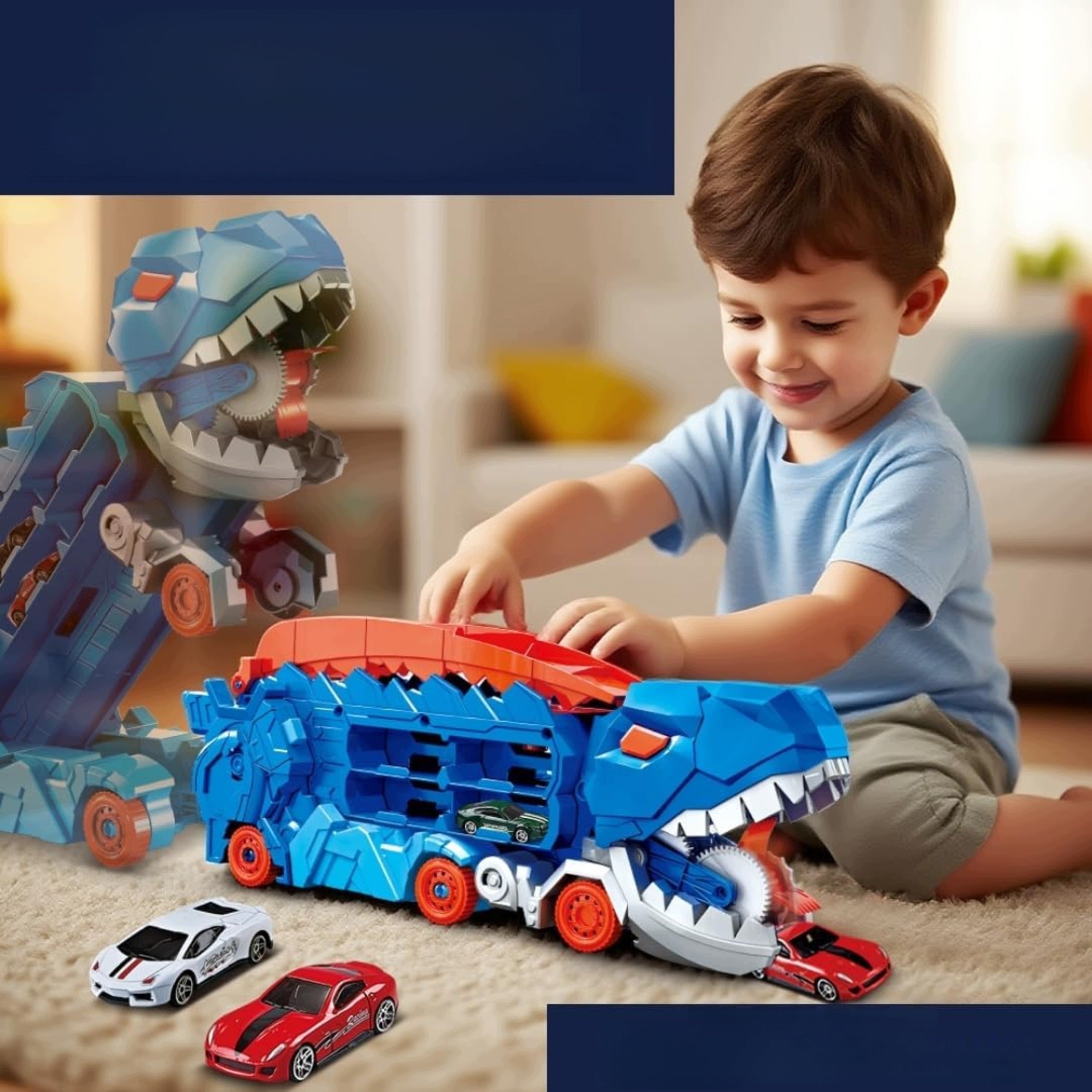 Racing Track Truck with Dinosaur 4 Metal Cars Toy For Boys Packaging status original