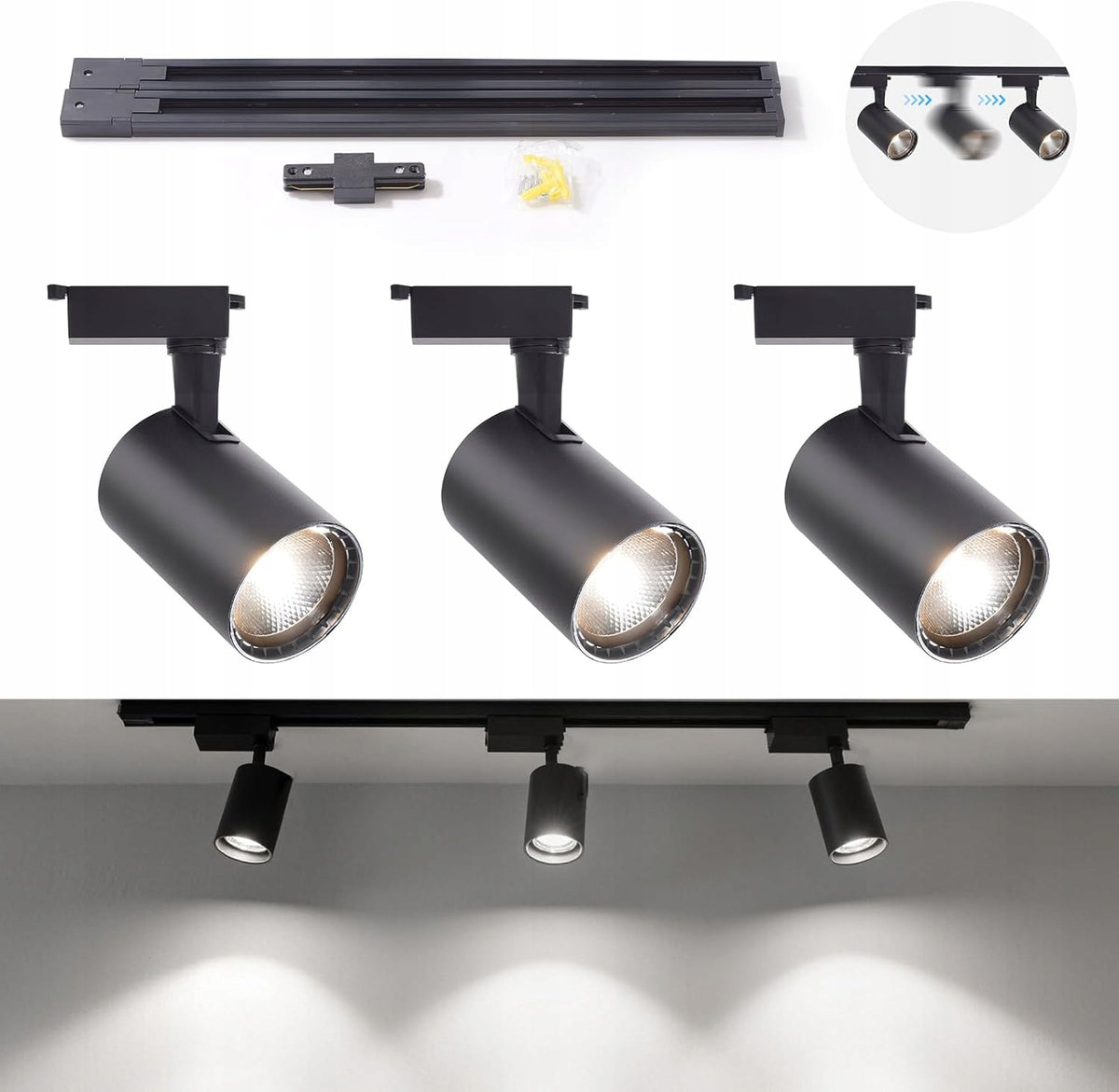 Rail Lighting Kit, Black, Rotating LED Headlights 3 Pack