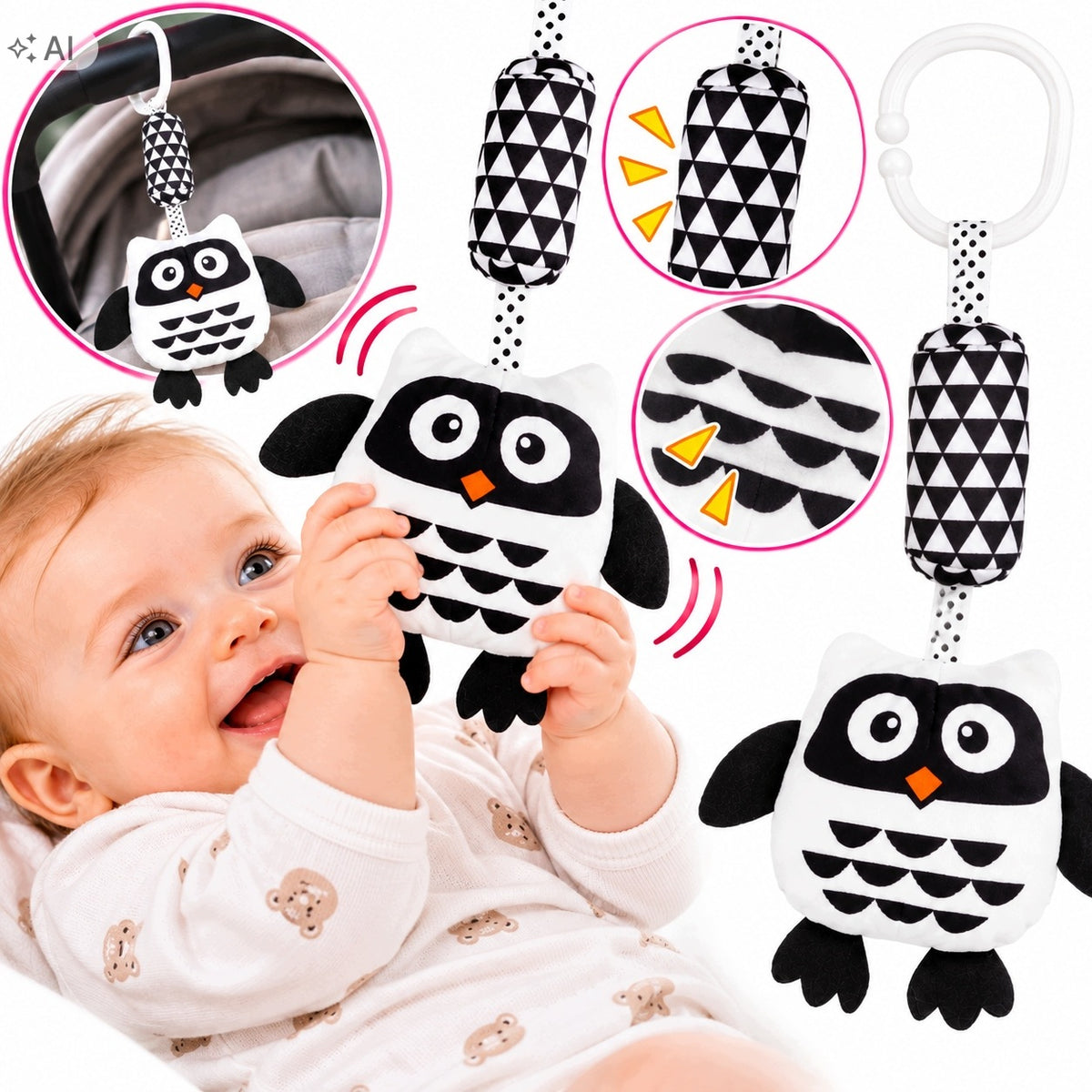 Rattle Pendant Sensory Owl Contrast 0+ For Stroller Bed 30cm