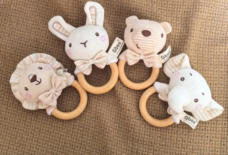 Rattle WOODEN beige for babies ORGANIC COTTON round BEAR Packaging status original