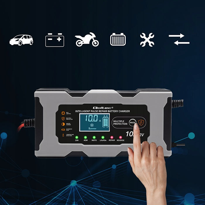 Rectifier 12V 10A LCD charger for LiFePO4 AGM GEL REPAIR Qoltec Packaging status original