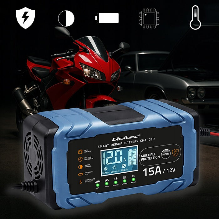 Rectifier 12V 15A AGM GEL LiFePO4 LCD Repair Function 9-Step Qoltec Manufacturer's catalog number 52666