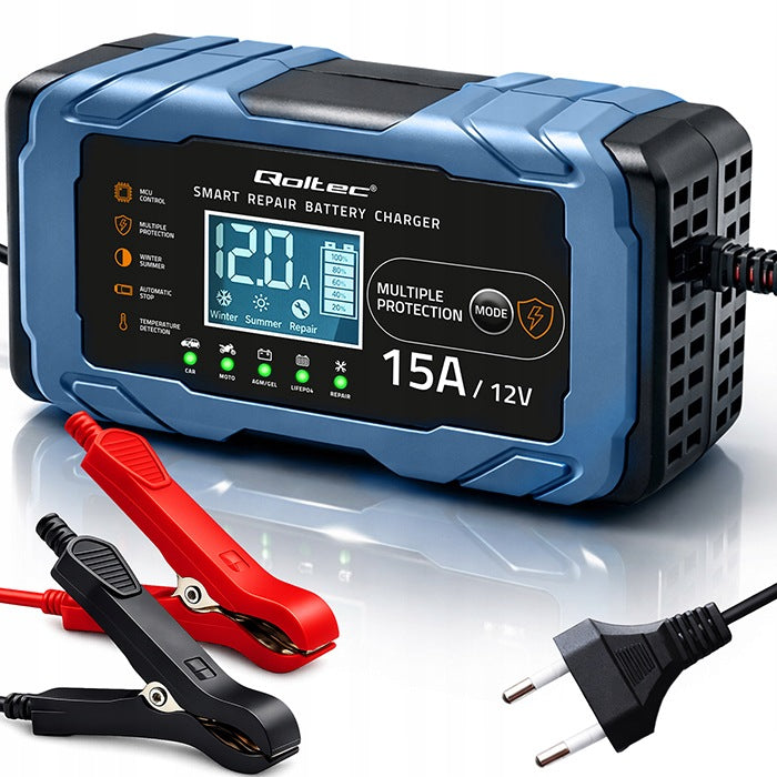Rectifier 12V 15A AGM GEL LiFePO4 LCD Repair Function 9-Step Qoltec