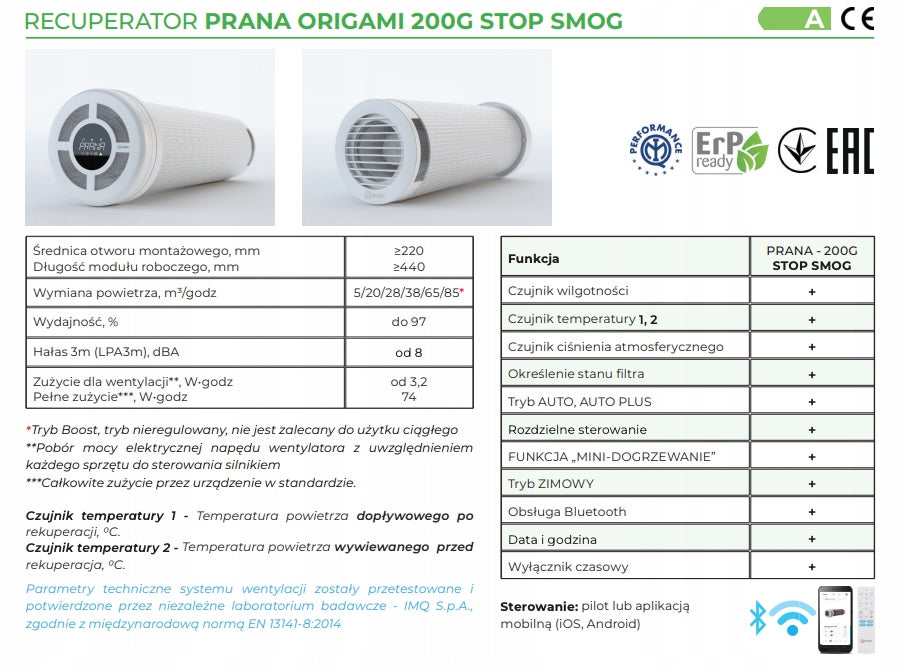 Recuperator Prana Origami 200G Stop Smog with assembly included in the price Brand Prana