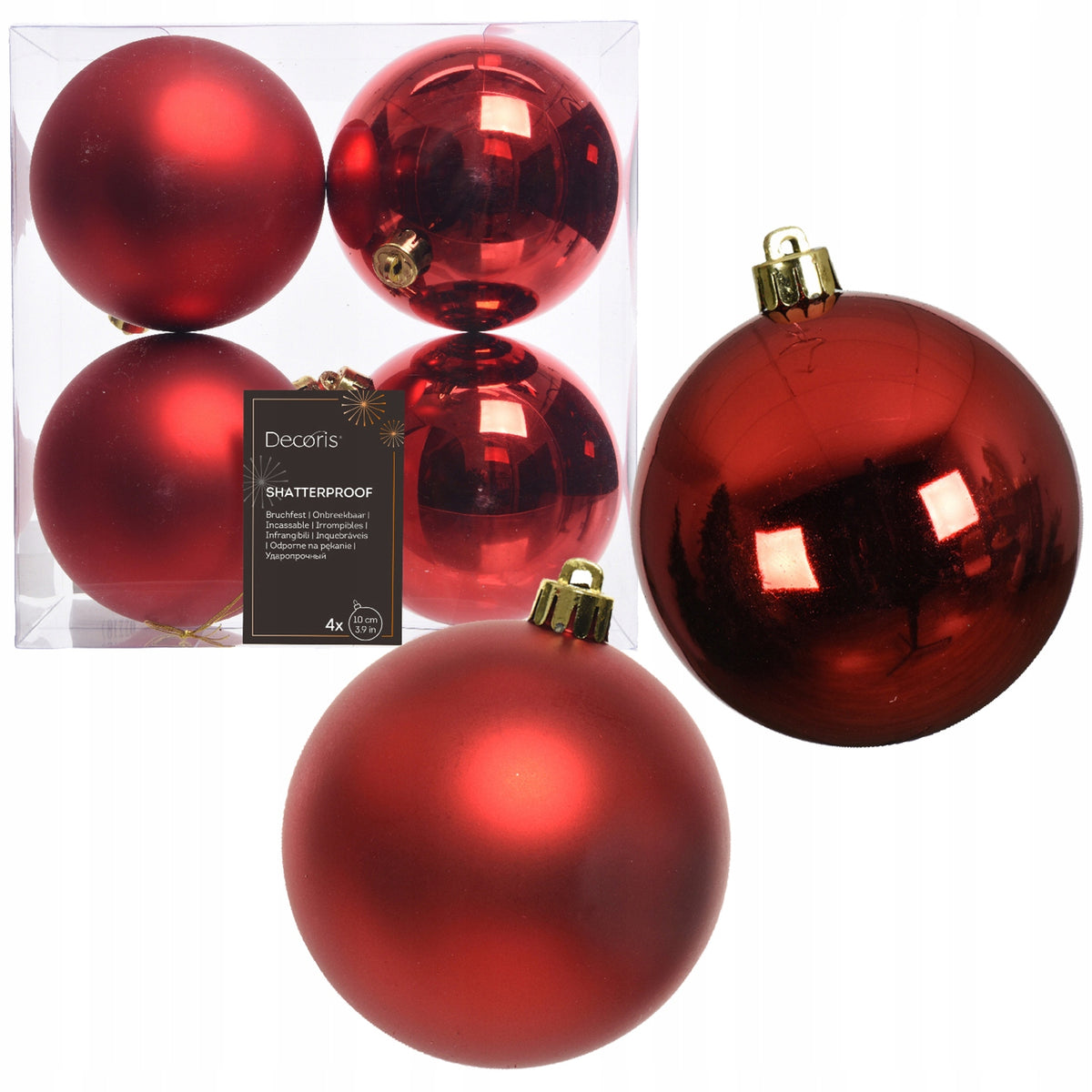 Red baubles 10cm gloss matt 4 pcs plastic Christmas tree decorations