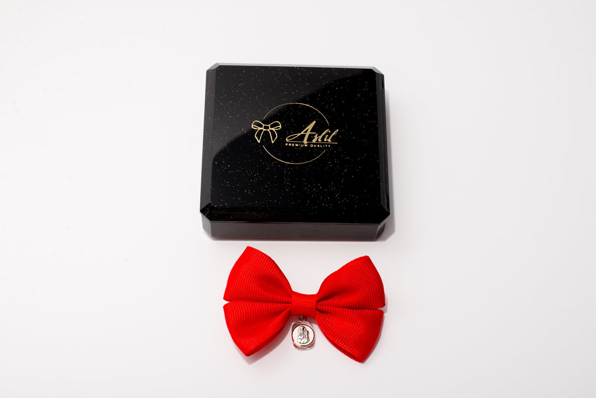 Red bow with SILVER medallion 925 for cot stroller charm Brand no brand