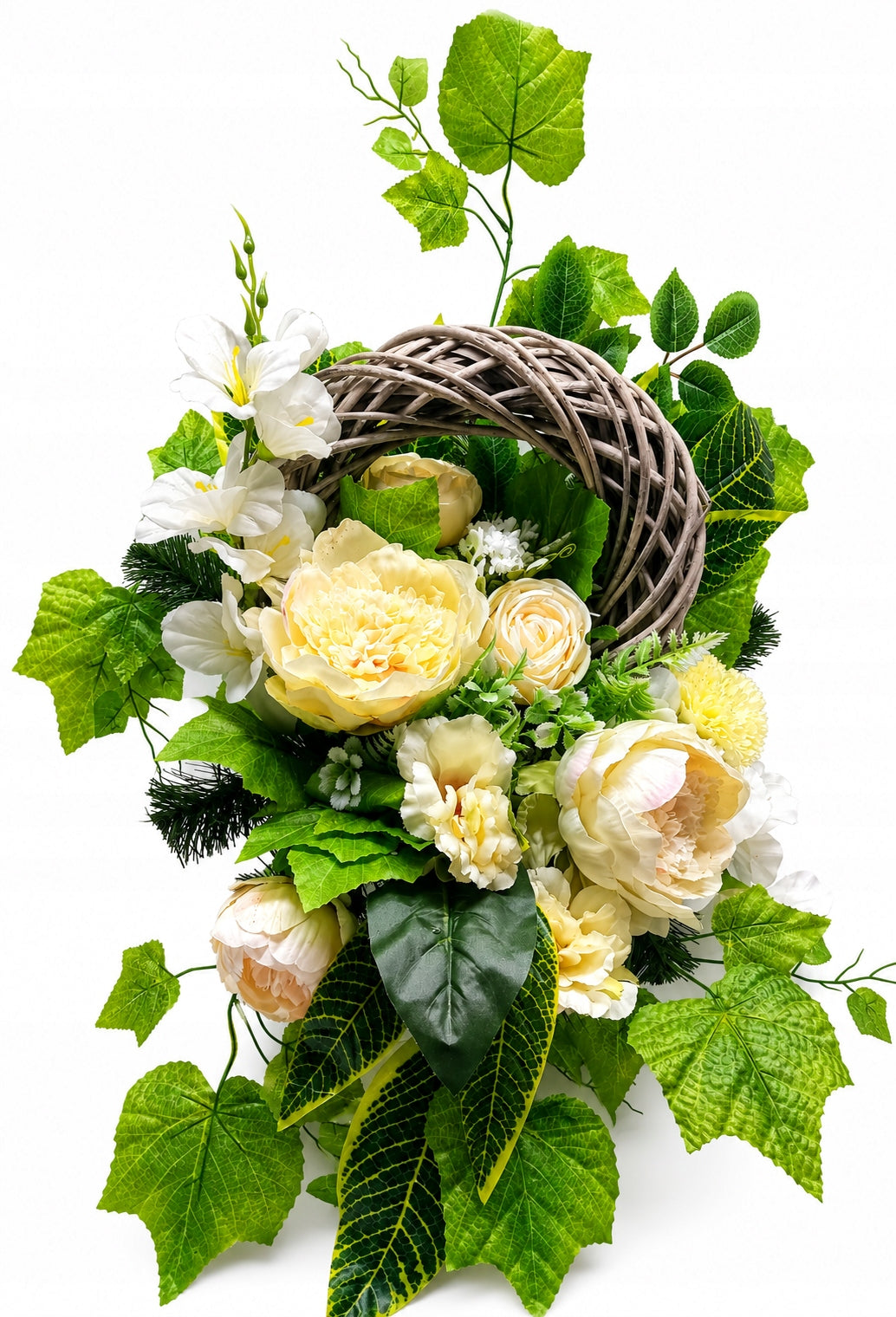 Reed Tombstone Wreath Cream Peonies Roses Composition for Premium Grave Packaging status original
