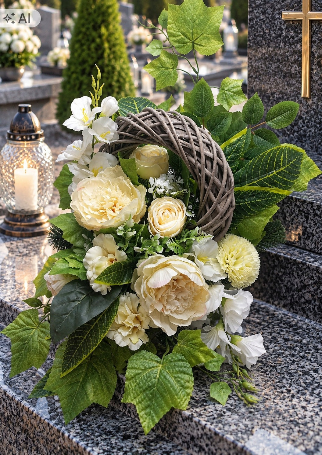 Reed Tombstone Wreath Cream Peonies Roses Composition for Premium Grave