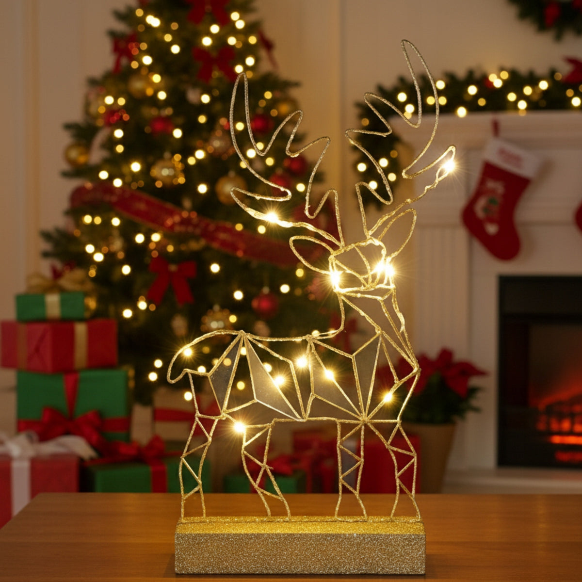 Reindeer Christmas Glowing LED Gold Geometric Standing 38cm Decoration EAN (GTIN) 5903716081927
