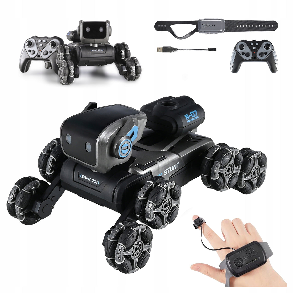 Remote Controlled Dog Robot 8 Wheels Gesture Music Water Couple Rotation 360 LED