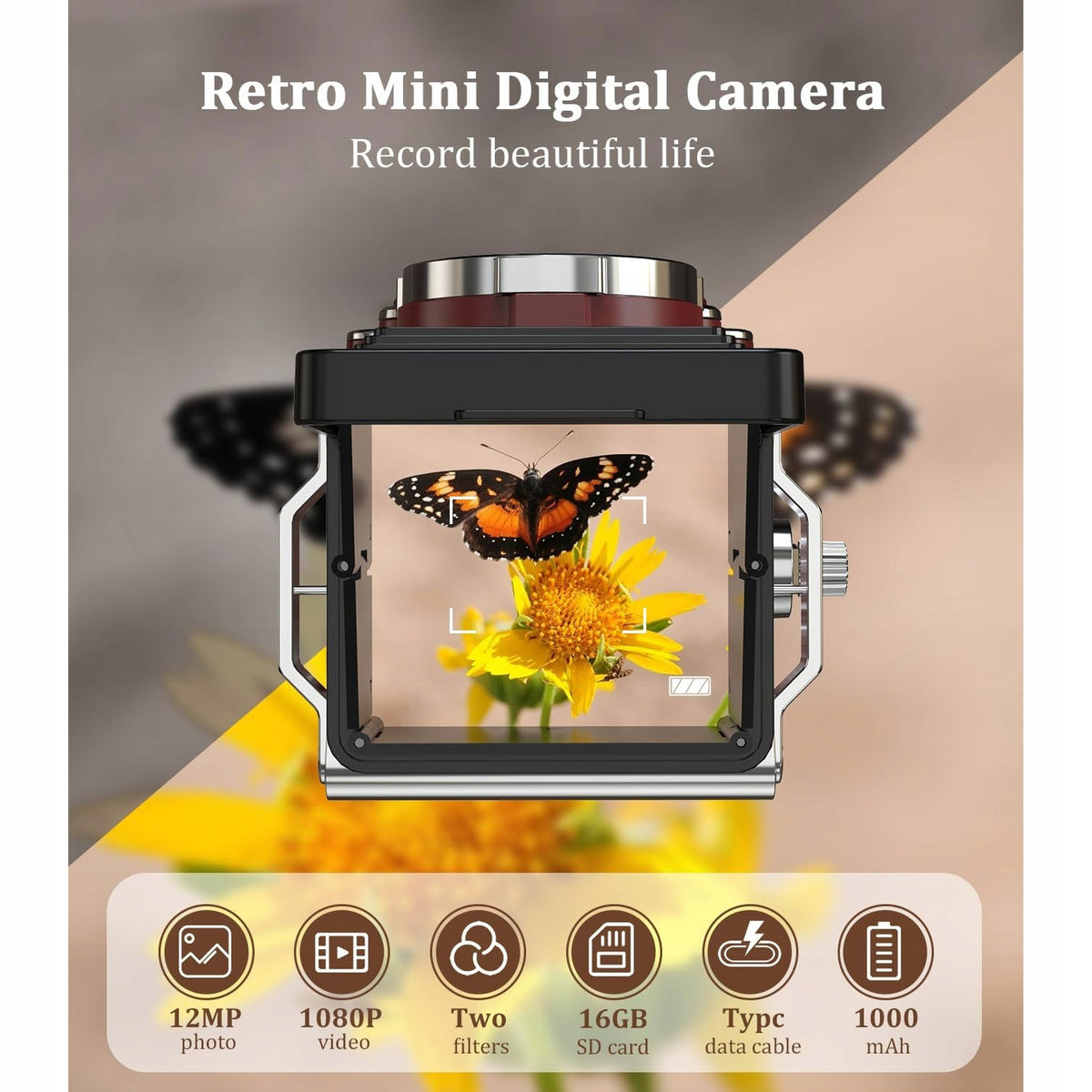 Retro digital camera CHUZHAO 12MP 1080P dual lens for beginners Manufacturer code CHUZHAO retro aparat cyfrowy 12MP autofokus