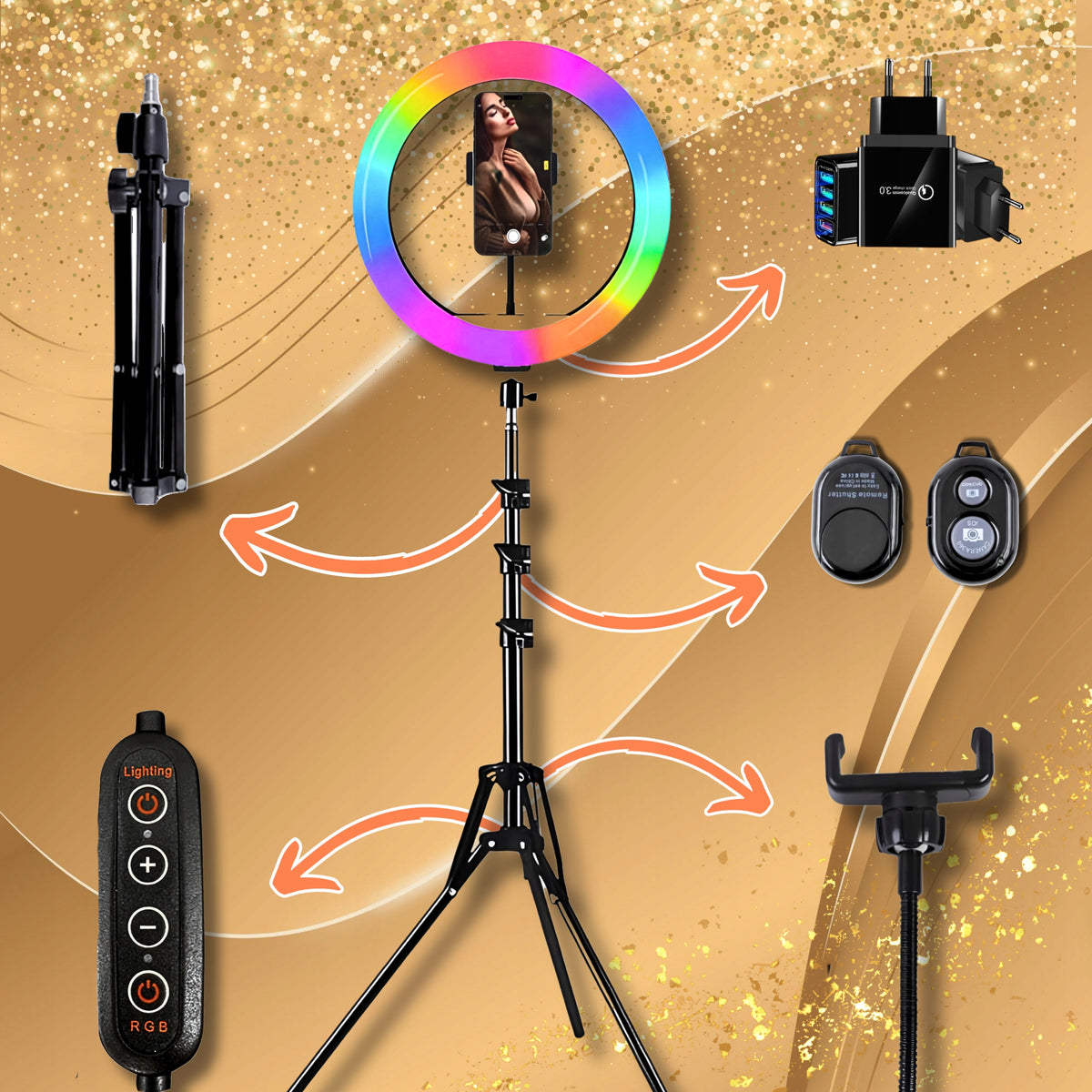 Ring lamp RGB RING 26cm 80w + Tripod 220cm + Remote control BT + Power adapter Manufacturer code Lampa pierścieniowa RGB 26CM + Statyw + Pilot