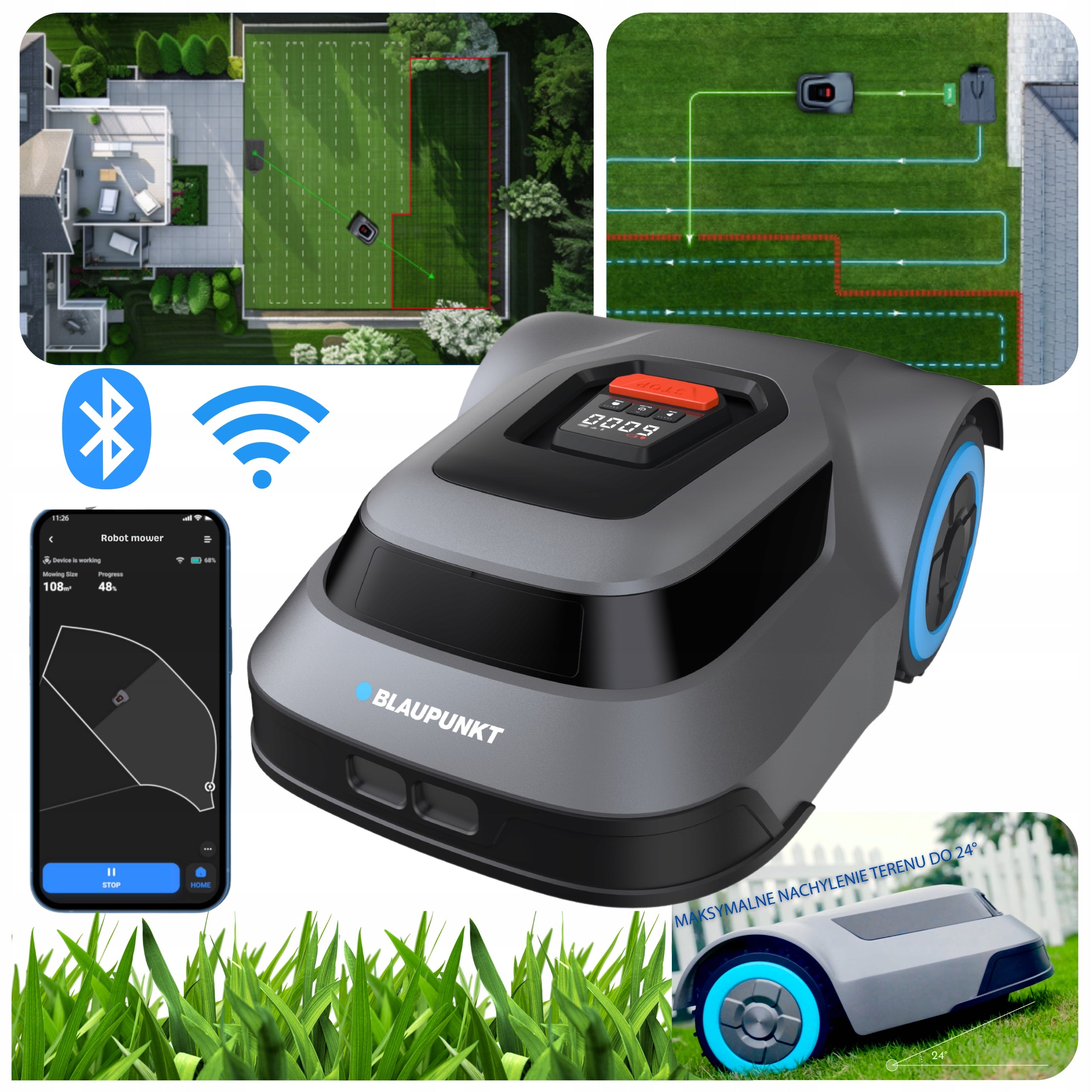 Robot Mowing Lawn Mower up to 1000 m² BT Wi-Fi App Blaupunkt