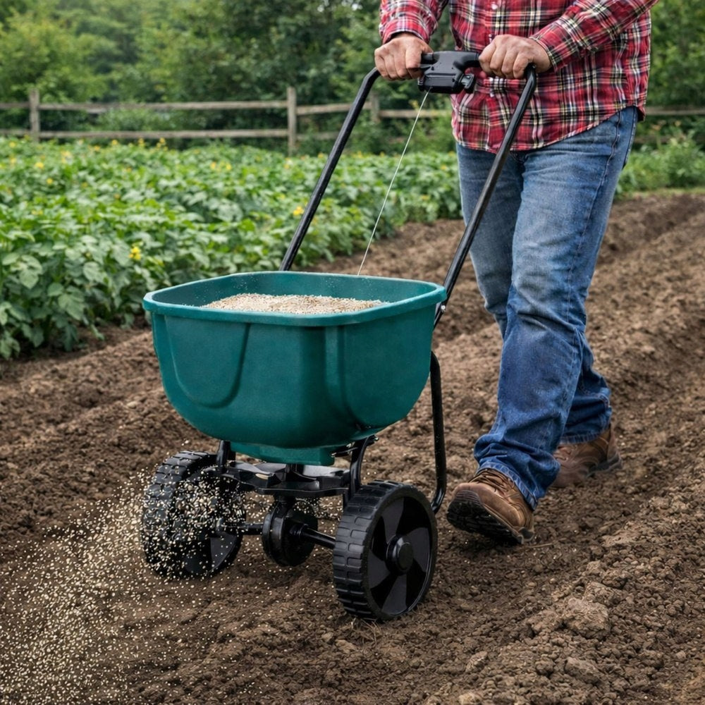 Rotary Seed Drill On Wheels For Grass Seed Fertilizers Salt Sand 27L Packaging status original