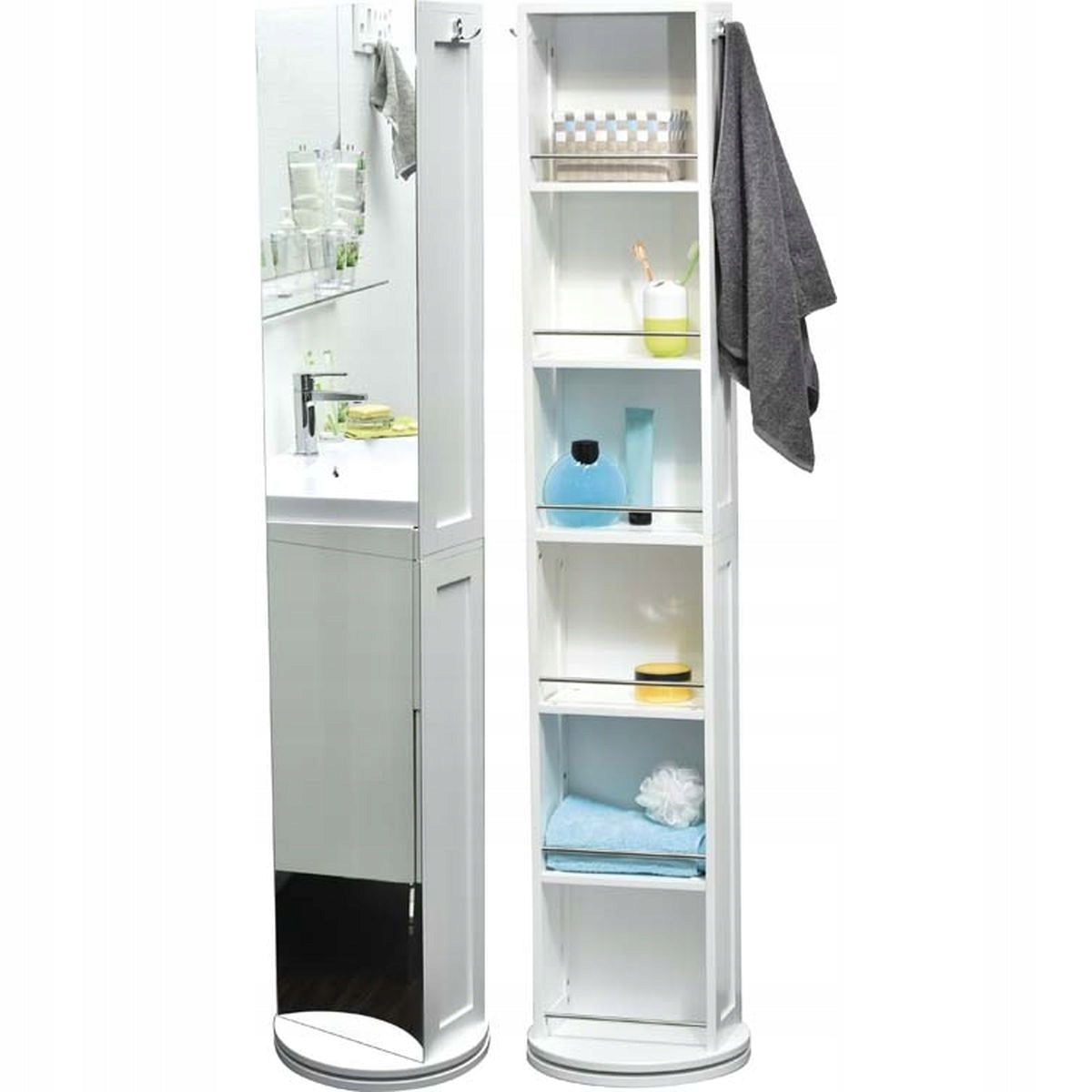 Rotating Bathroom Shelving Unit with Mirror Post White