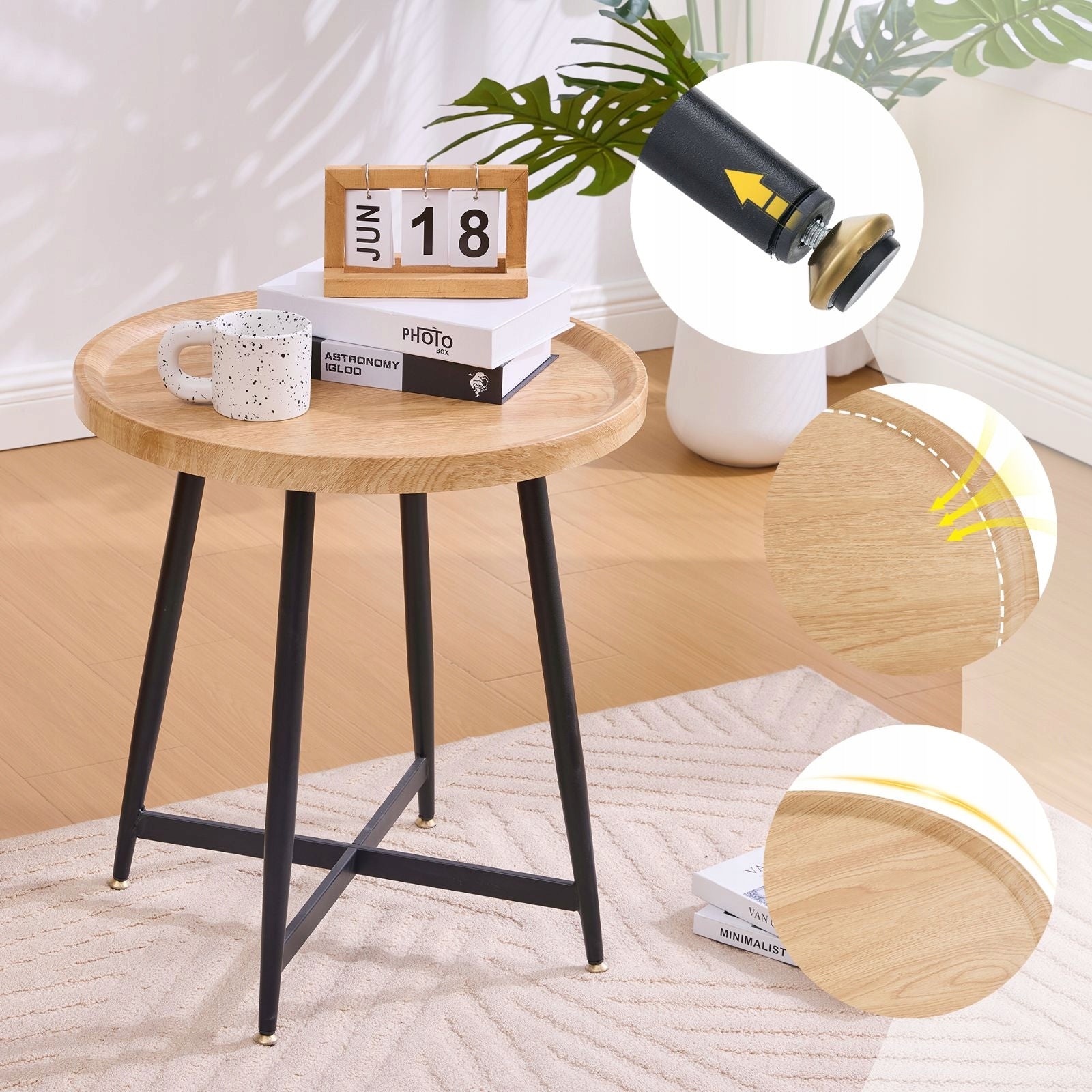 Round Side Table Wooden Metal Frame