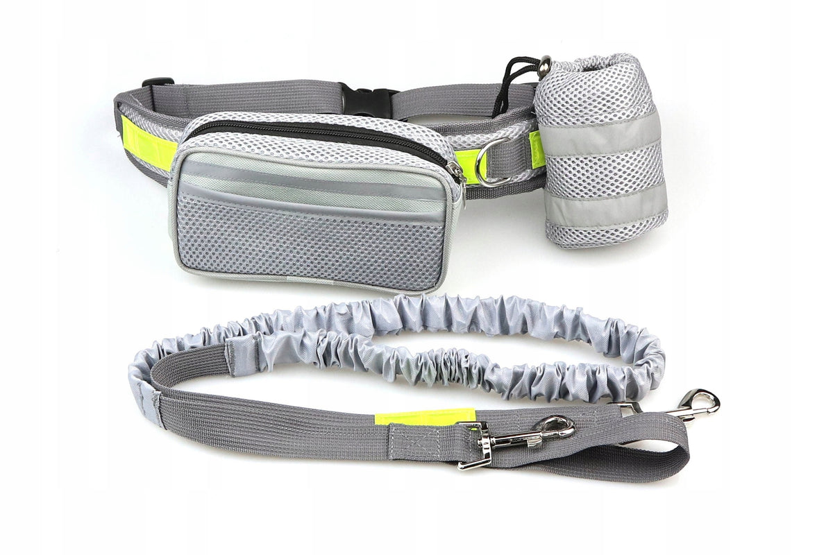 Running belt with dog, running leash, hip belt grey