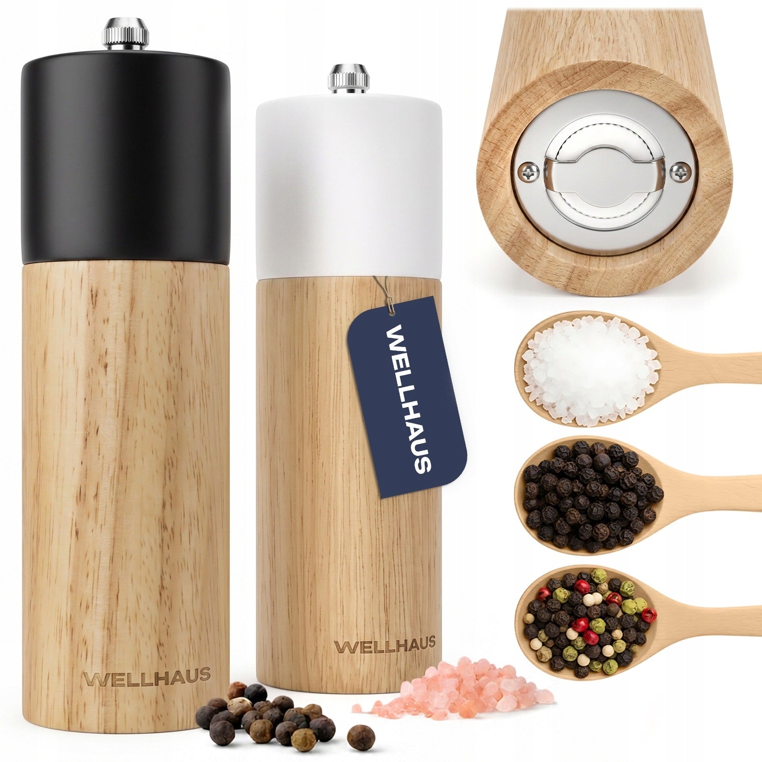 SALT AND PEPPER GRINDER Handheld Wood Grinders SET OF 2 - WELLHAUS