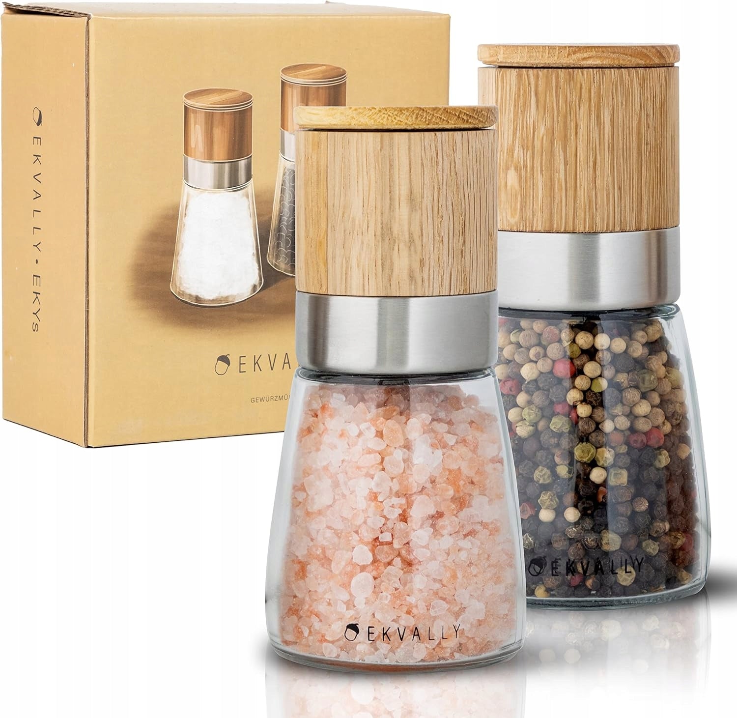 SALT AND PEPPER GRINDERS 2x OAK CERAMIC ADJUSTABLE 160ml Packaging status original