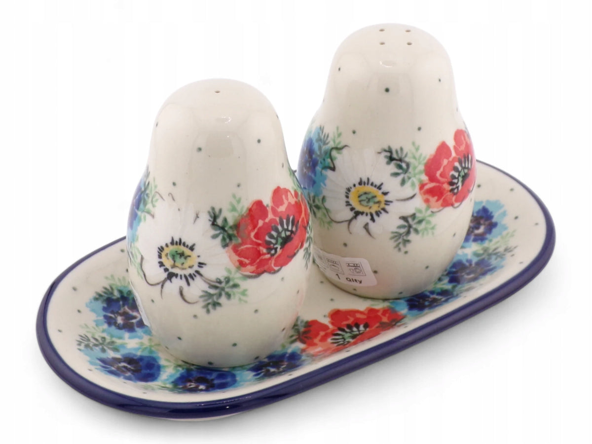 SALT AND PEPPER SET WITH POPPY SEED AND CHAMOMILE STAND BOLESŁAWIEC
