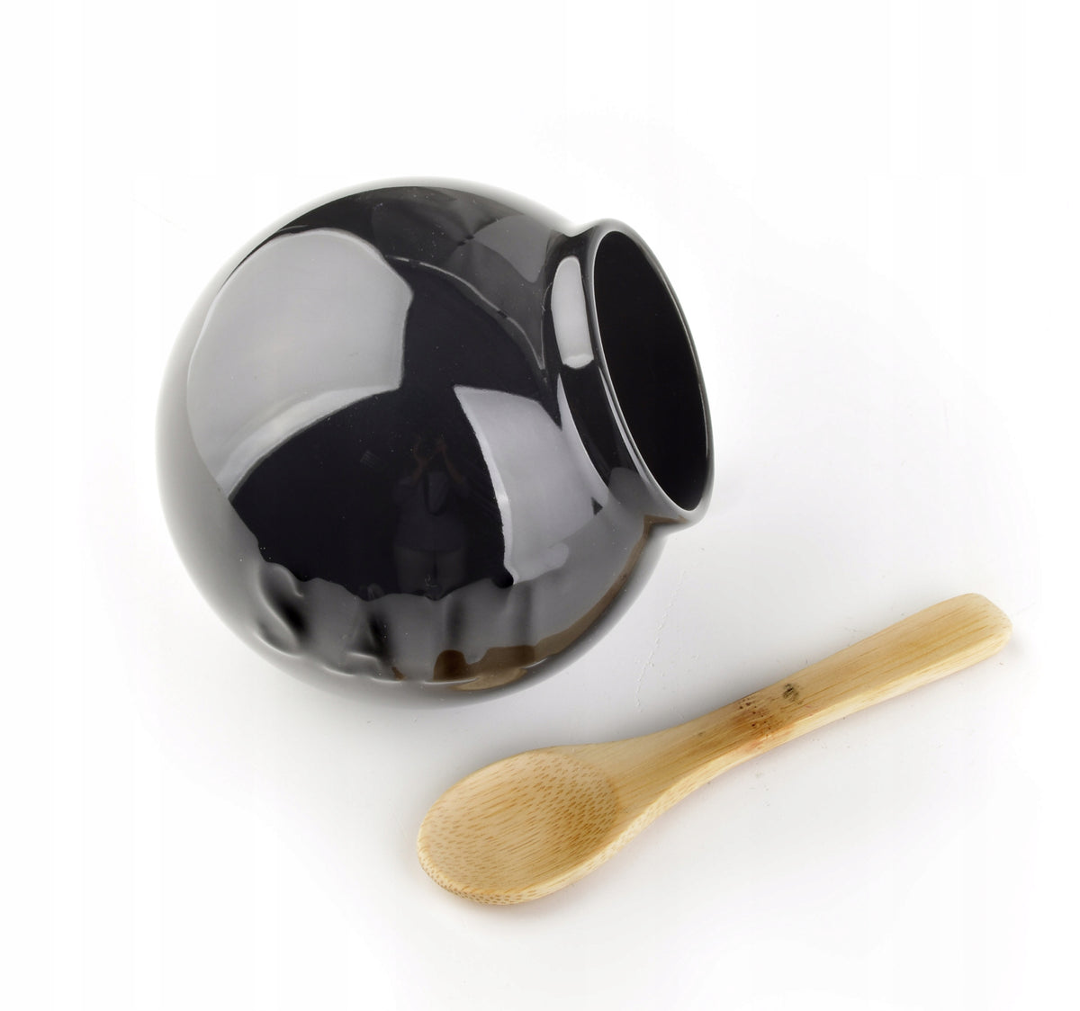 SALT SHAKER PORCELAIN SALT CONTAINER WITH SPICE SPOON BLACK Packaging status original