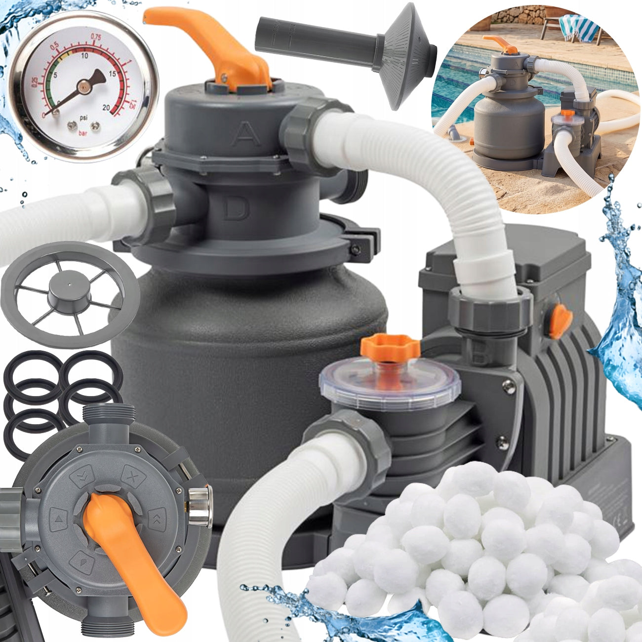 SAND PUMP FOR POOL FILTERING POOL 8705L/h +FILTER BALLS 500G