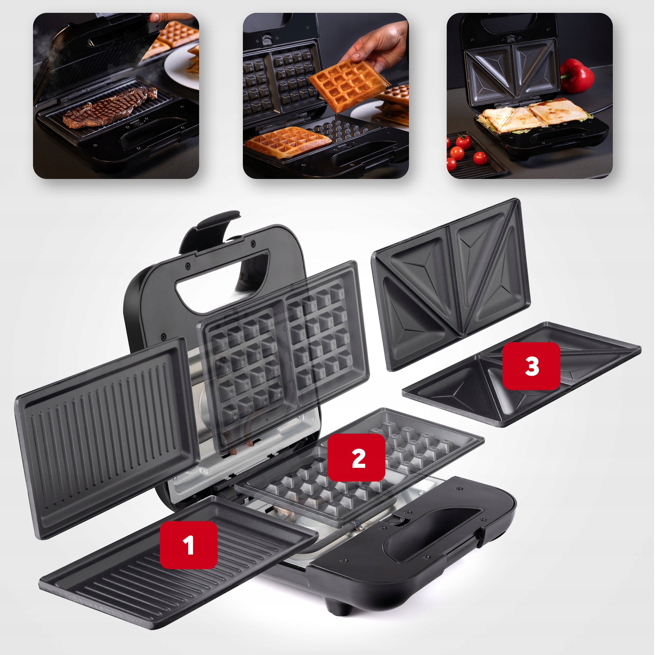 SANDWICH TOASTER SANDWICH GRILL WAFFLE IRON 3IN1 LARGE STRONG 1200 Packaging status original