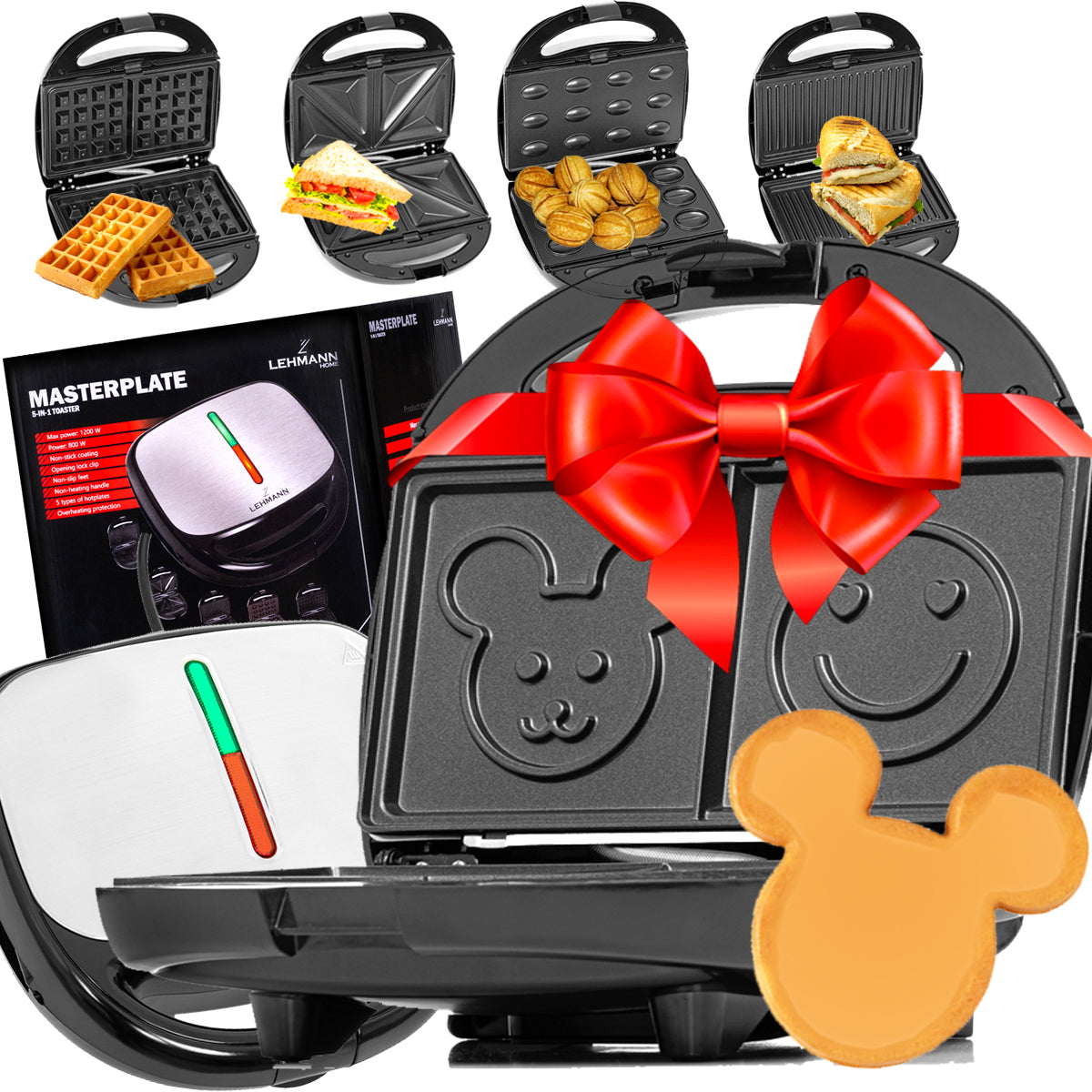 SANDWICH TOASTER WAFFLE IRON SMILEY FACE 5IN1 TOASTER XXL OVERLAY SET