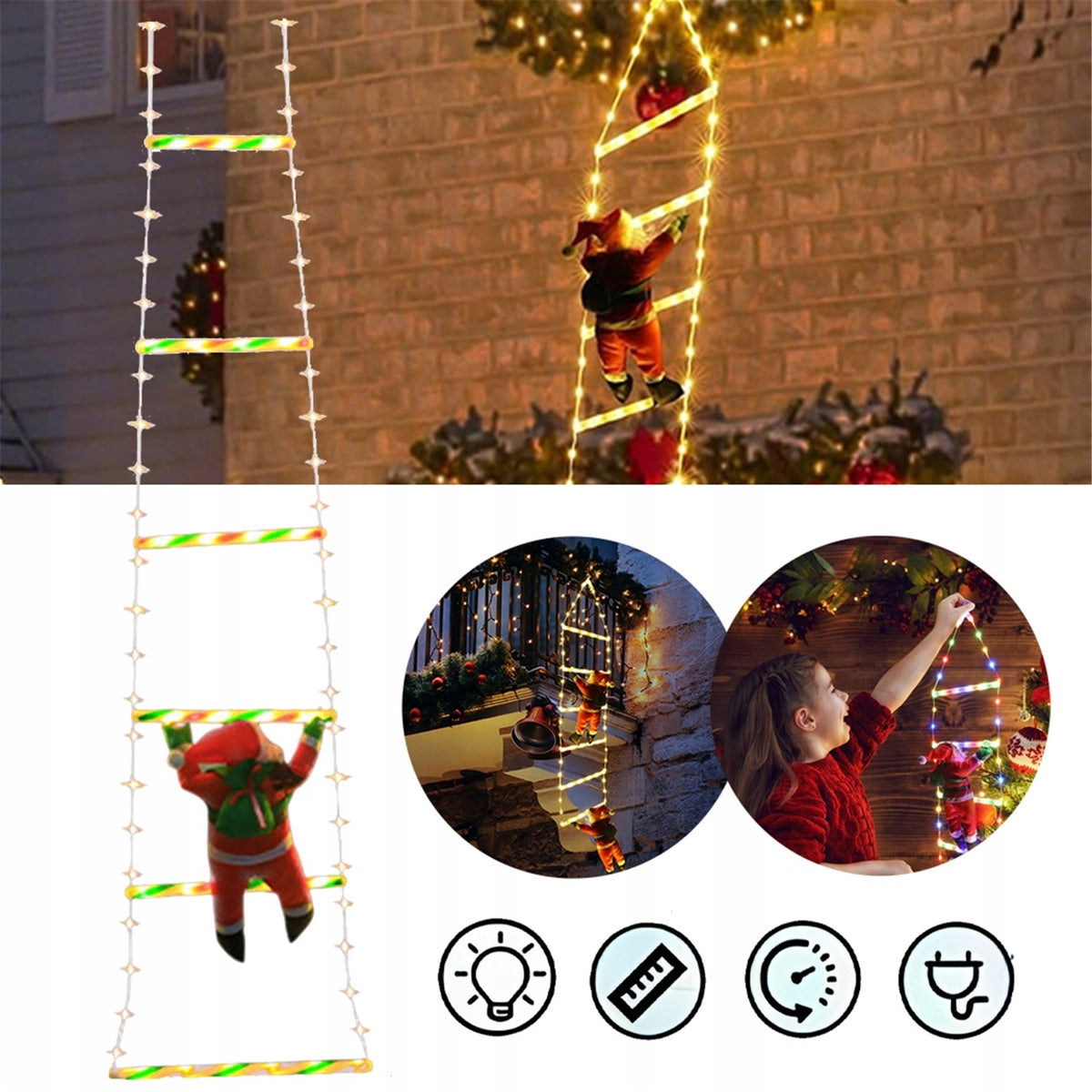 SANTA CLAUS LED LADDER, LED LIGHT DECORATIONS WITH 8 LIGHT MODES