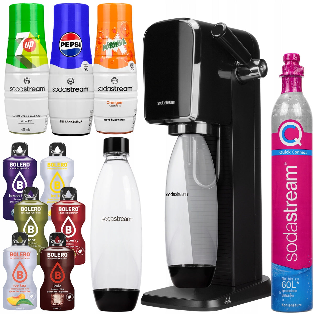 SATURATOR SODASTREAM ART BLACK 3 SYRUPS + CARTRIDGE WATER GASSING KIT