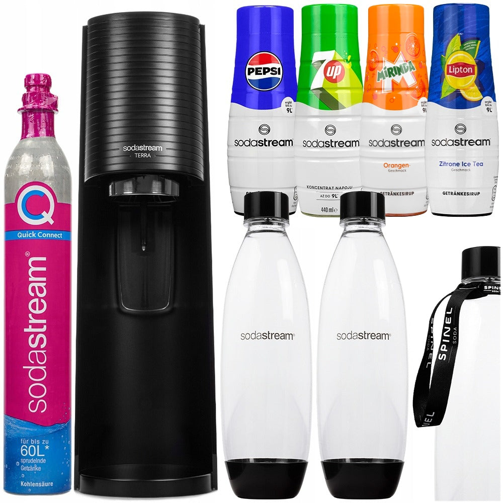 SATURATOR SODASTREAM TERRA 2 BOTTLES + 4x PEPSI SYRUPS 7UP LIPTON