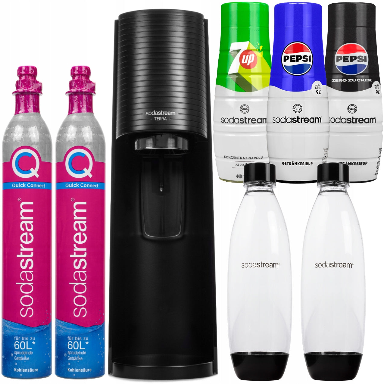 SATURATOR SODASTREAM TERRA BLACK 2 BOTTLES + 2 CARTRIDGES + 3X PEPSI SYRUP 7UP
