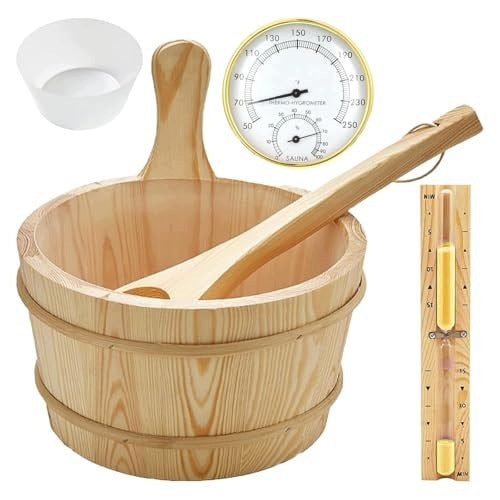 SAUNA SET WOODEN BUCKET LADLE THERMOMETER HOURGLASS HYGROMETER Brand no brand