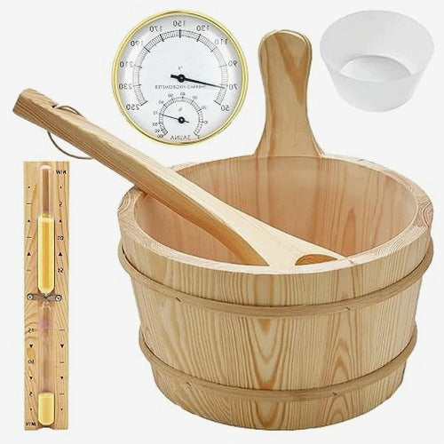 SAUNA SET WOODEN BUCKET LADLE THERMOMETER HOURGLASS HYGROMETER