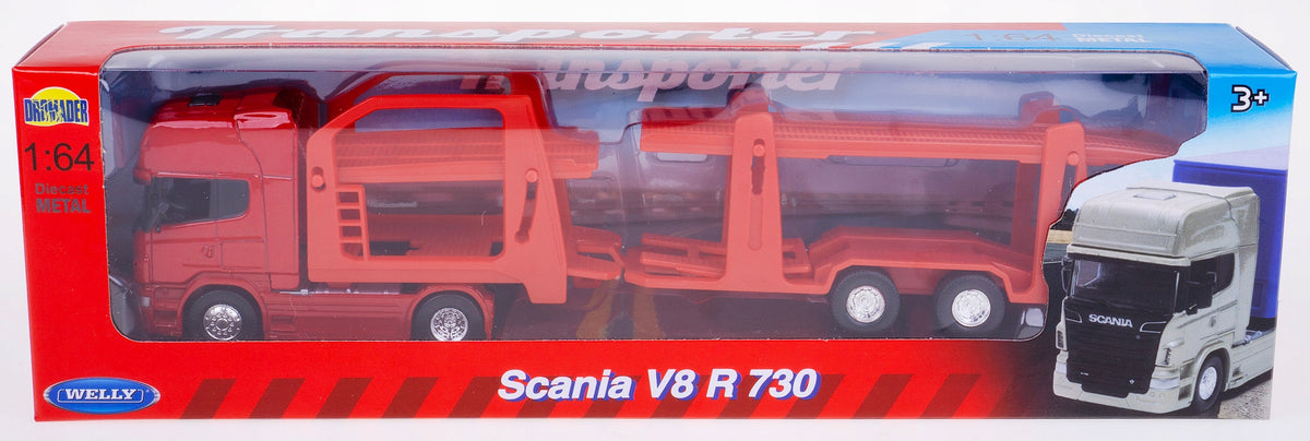 SCANIA V8 R730 TIR TRUCK TWO-LEVEL AUTOLAVETTE 1:64 MODEL METAL WELLY Brand Welly