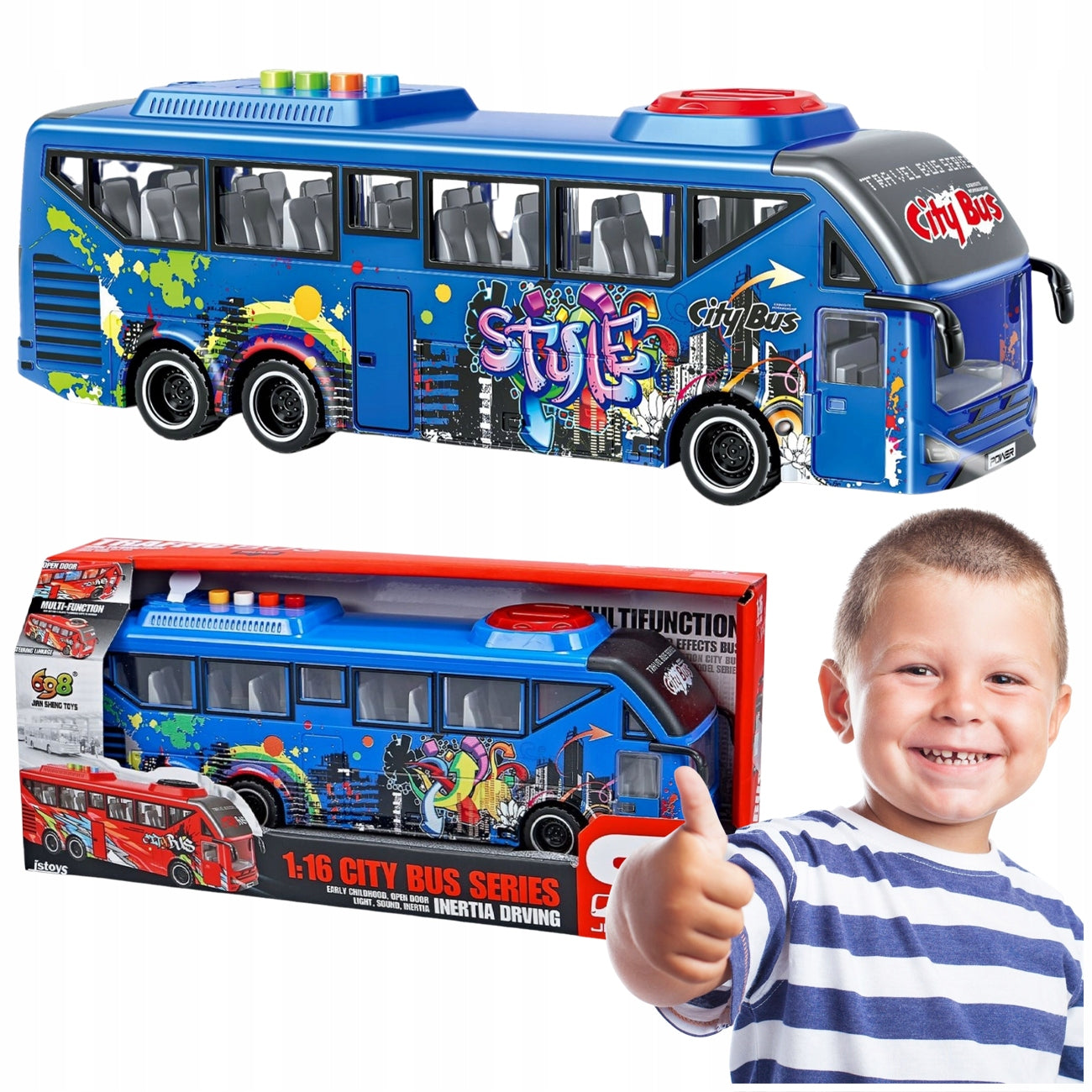 SCHOOL BUS TROLLEYBUS DRIVE LIGHT SOUND OPENING DOORS BLUE