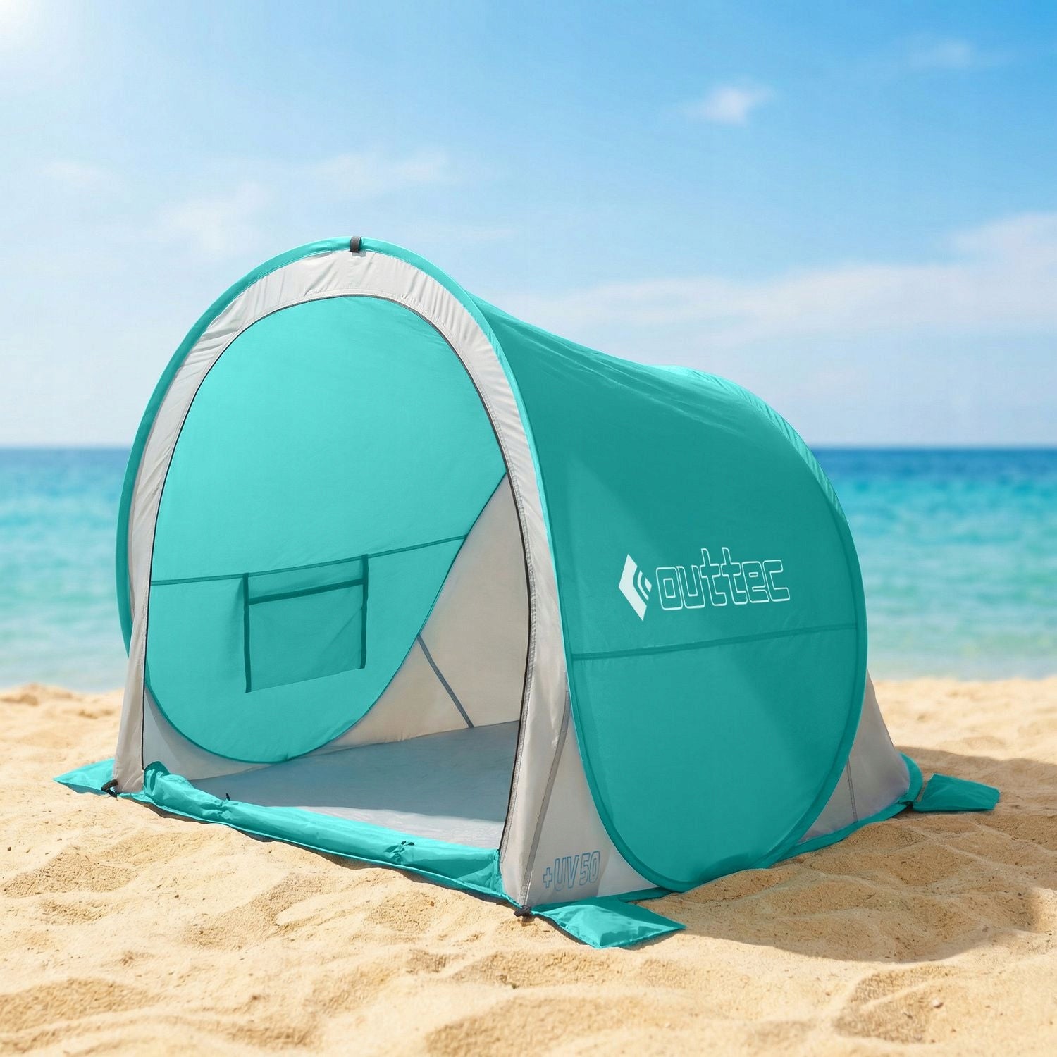 SELF-FOLDING BEACH TENT SCREEN CLOSED POP UP UV50 OUTTEC Color green