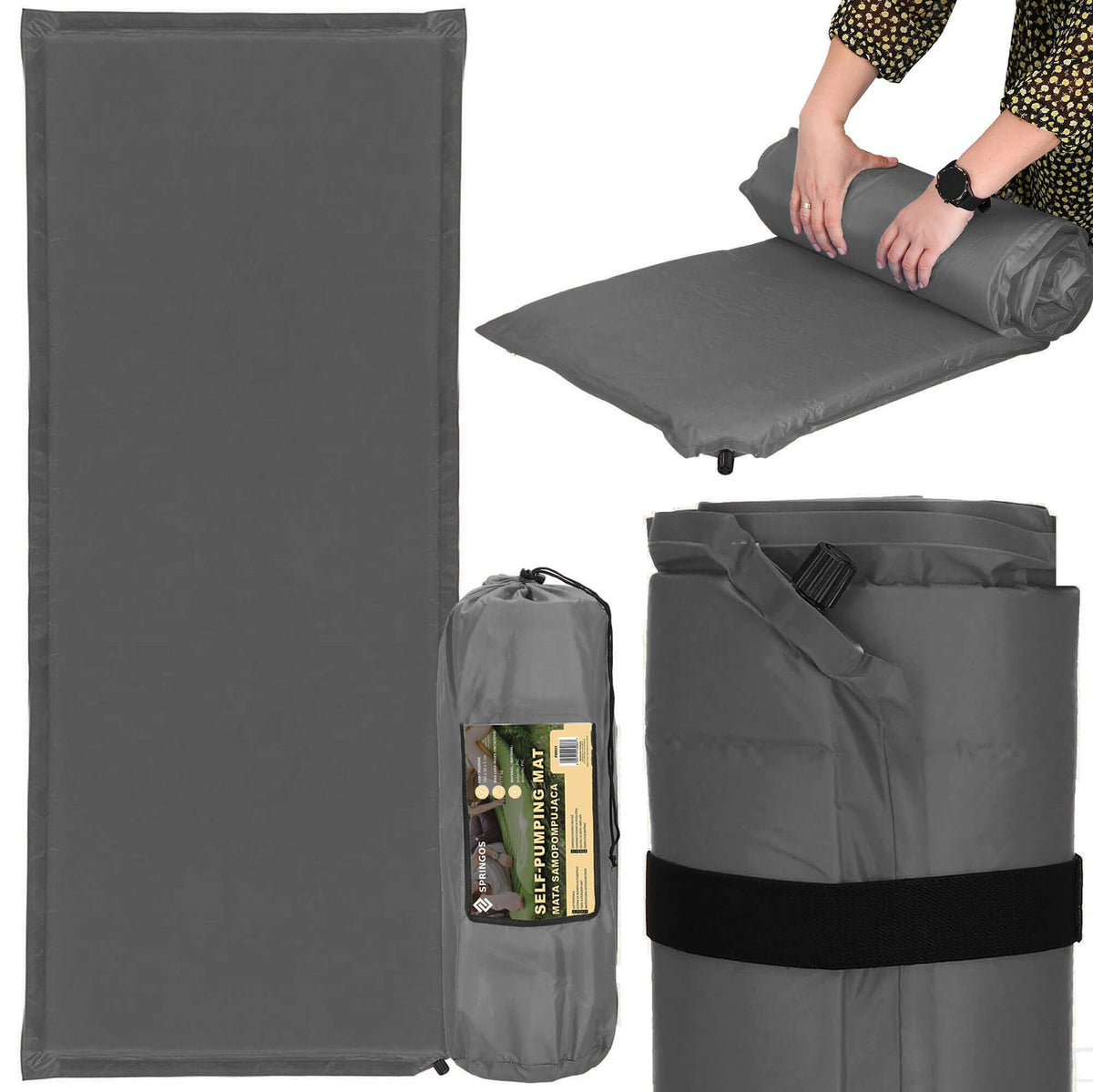 SELF-INFLATING MAT MATTRESS 180x50cm SOFT GRAY THICK WITH MATTRESS COVER