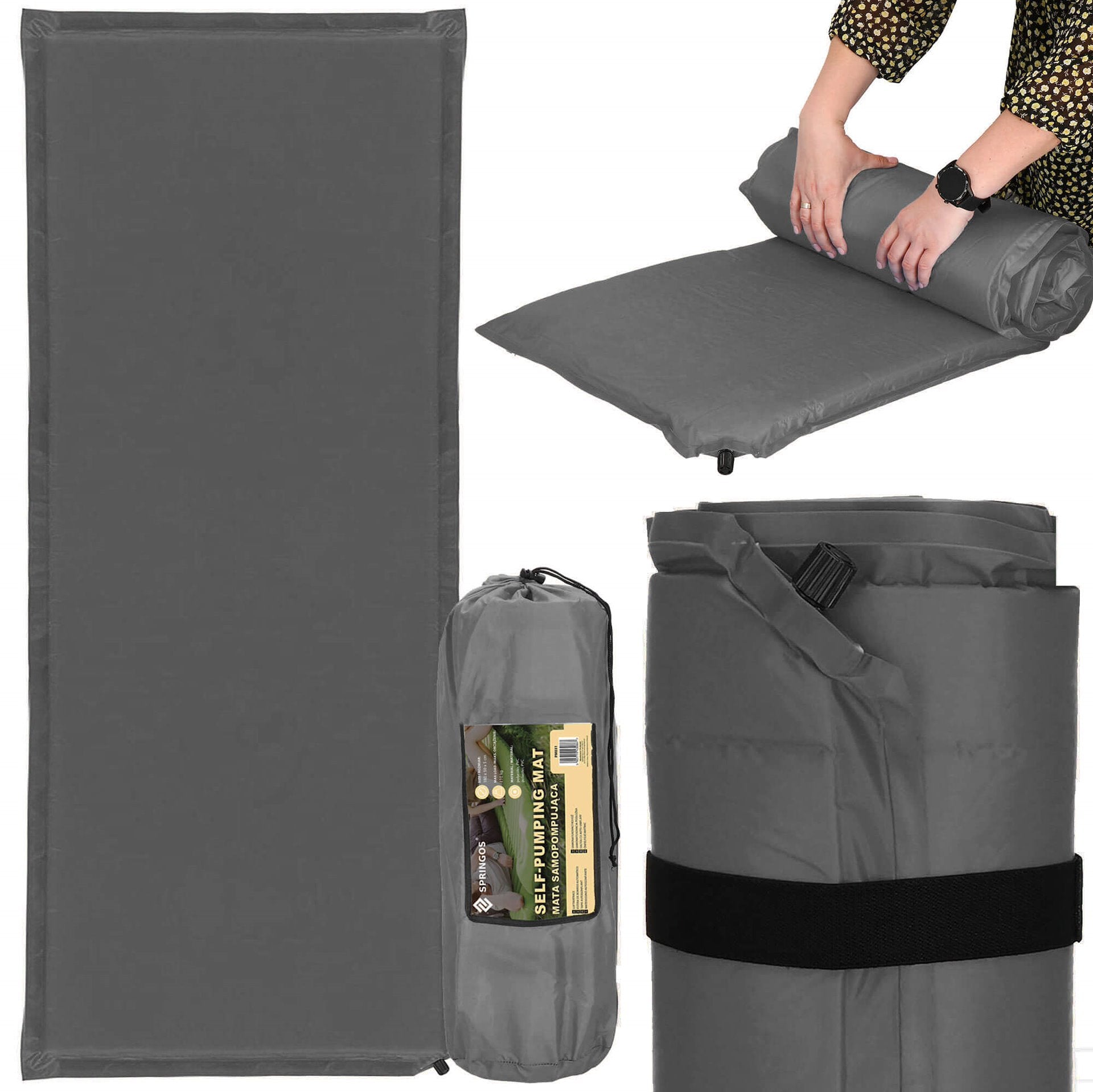 SELF-INFLATING MAT MATTRESS 180x50cm SOFT GRAY THICK WITH MATTRESS COVER