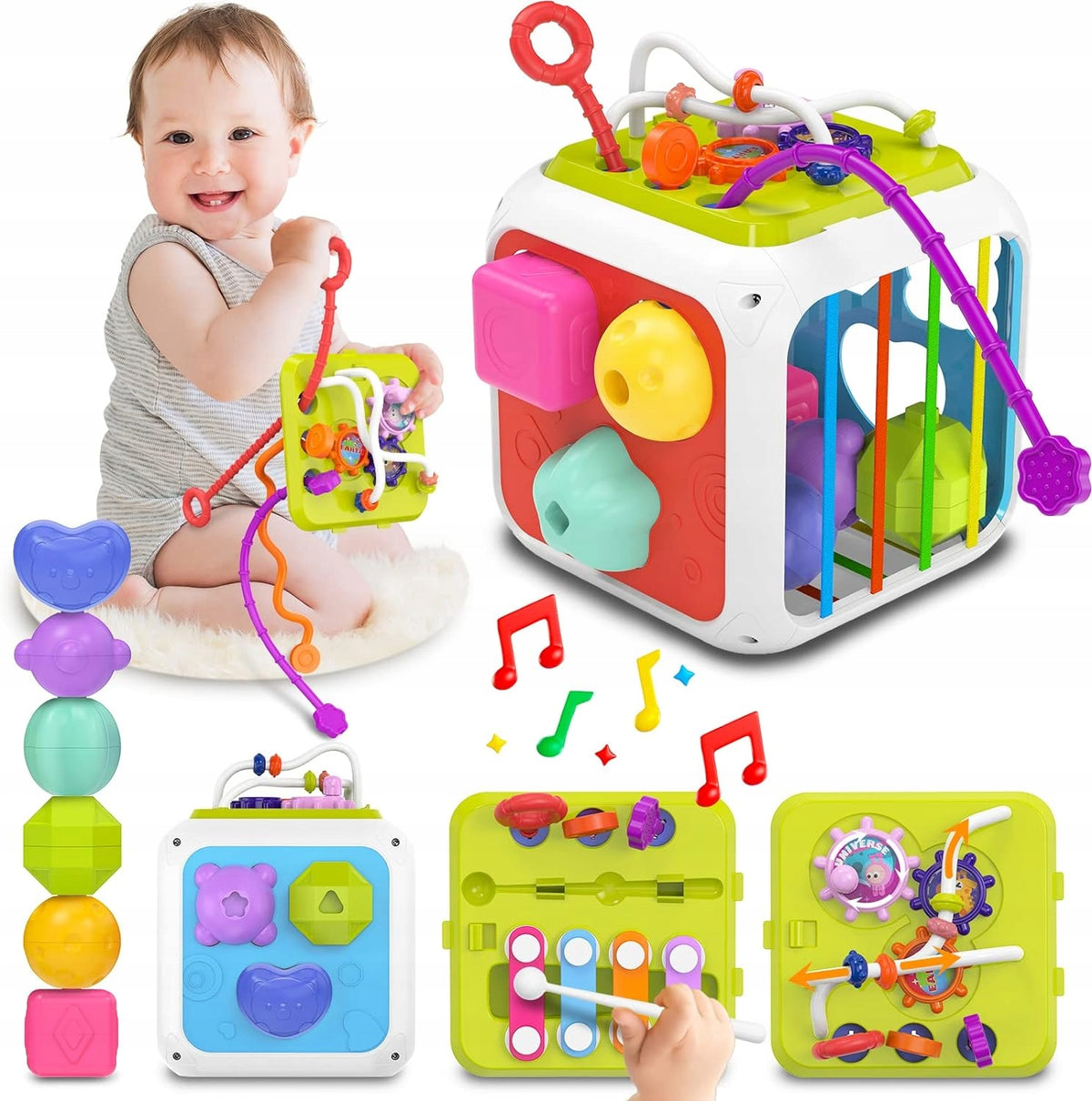 SENSORY CUBE EDUCATIONAL SORTER MONTESSORI 7in1 CYMBALS BLOCKS 18m+