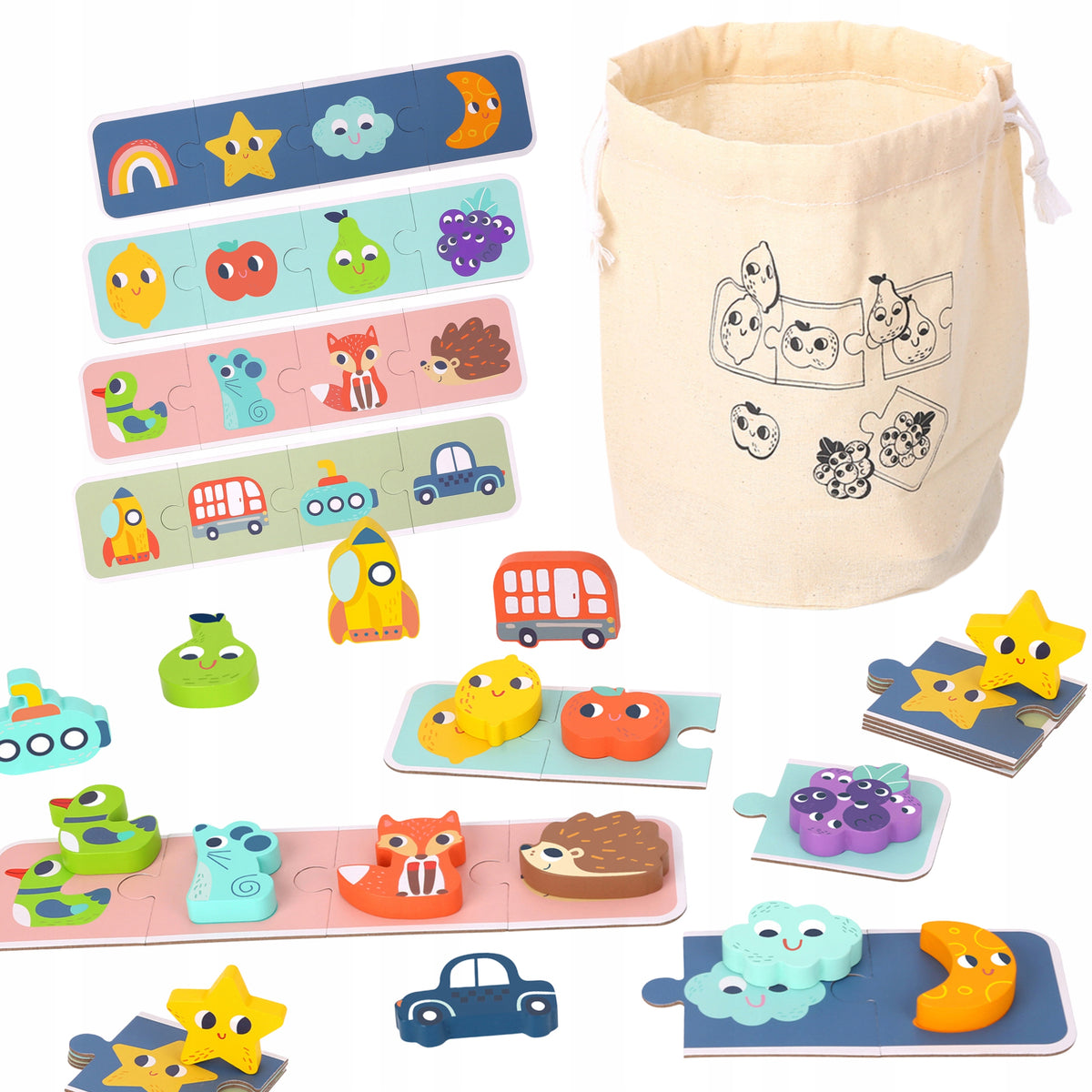 SENSORY PUZZLE MEMORY MATCH SHAPE WOODEN FIGURINES BAG