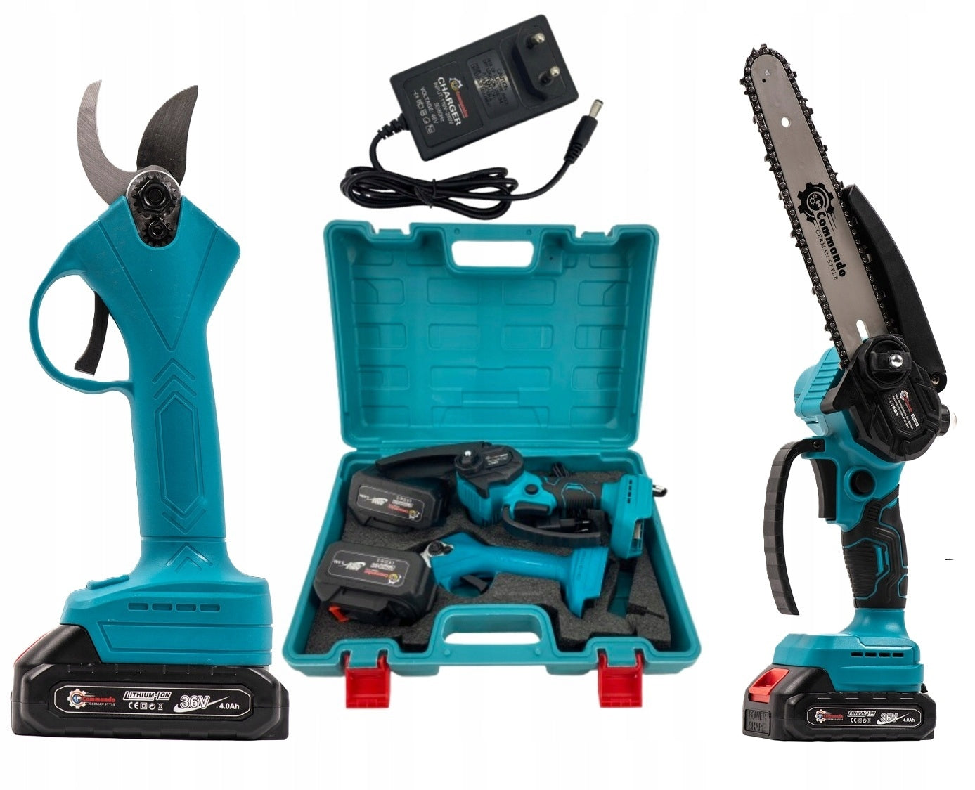 SET. 2IN1 CORDLESS SAW 6" CORDLESS PRUNING SHEAR 2X 36V BRANCH